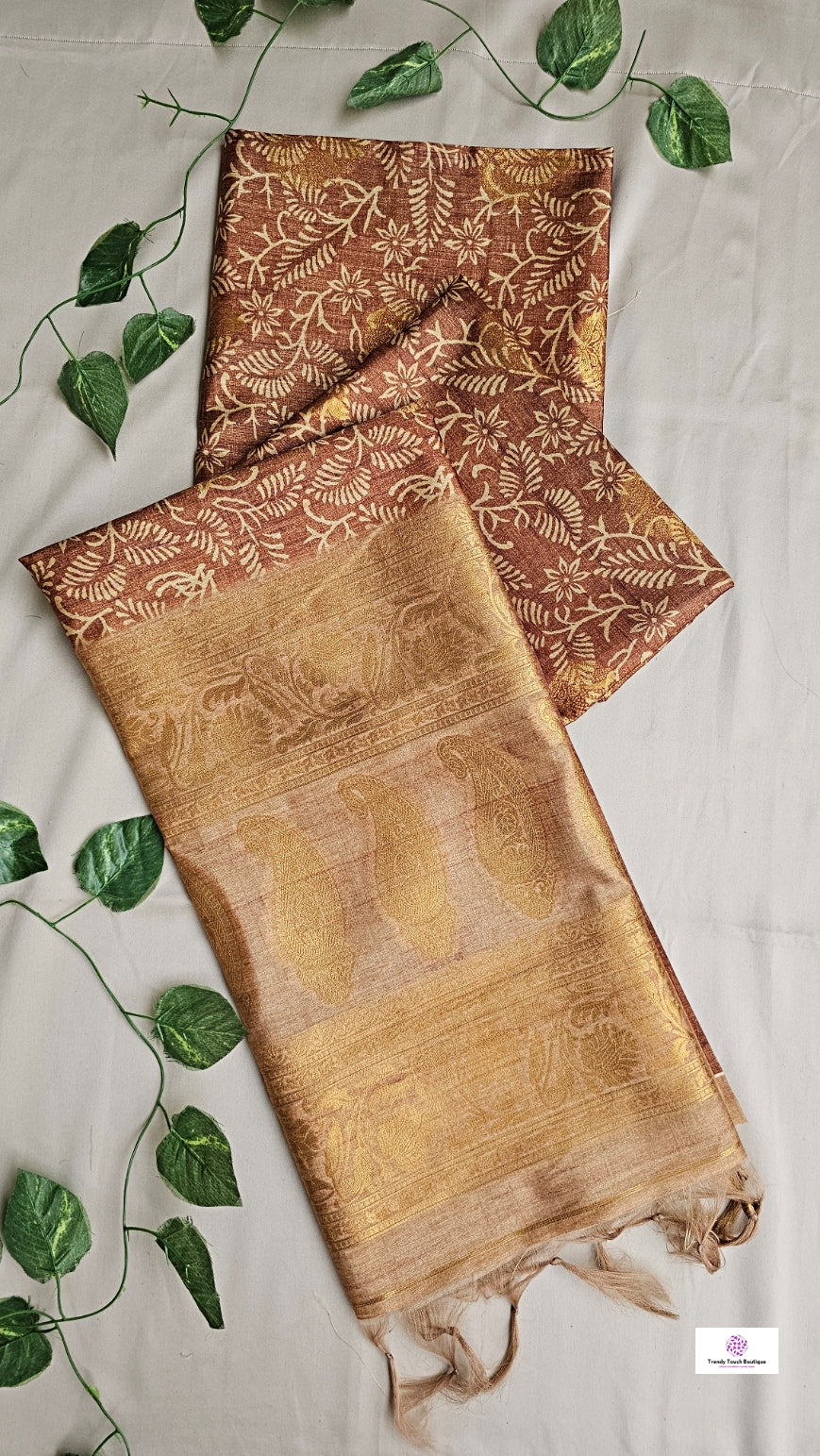 semi tussar silk saree in golden brown leaf pattern for special ocassion, office, wedding with blouse piece best price