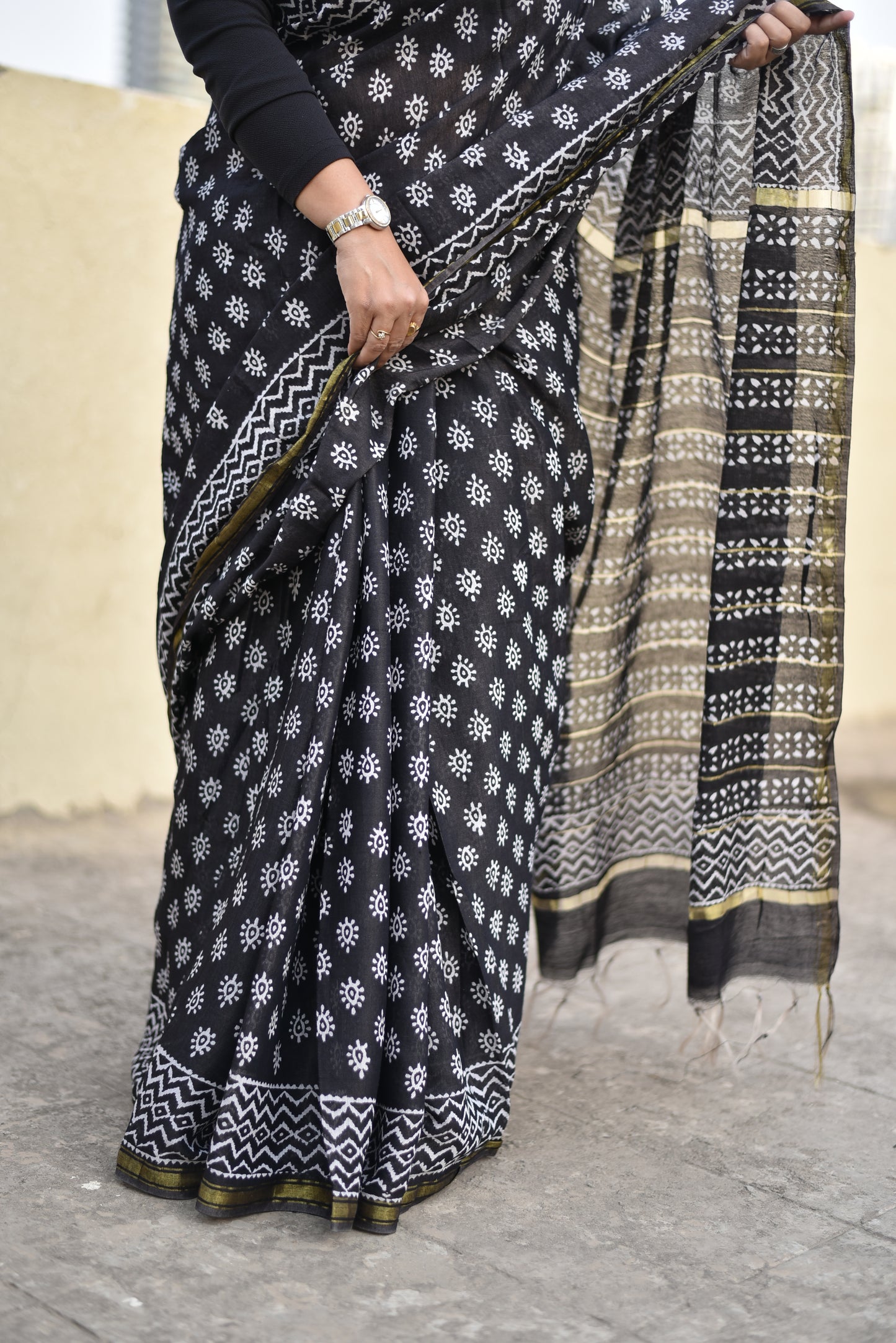black chanderi silk saree with zari border handblock print summer fabric best price with blouse piece office wear and casual styling party wear saree