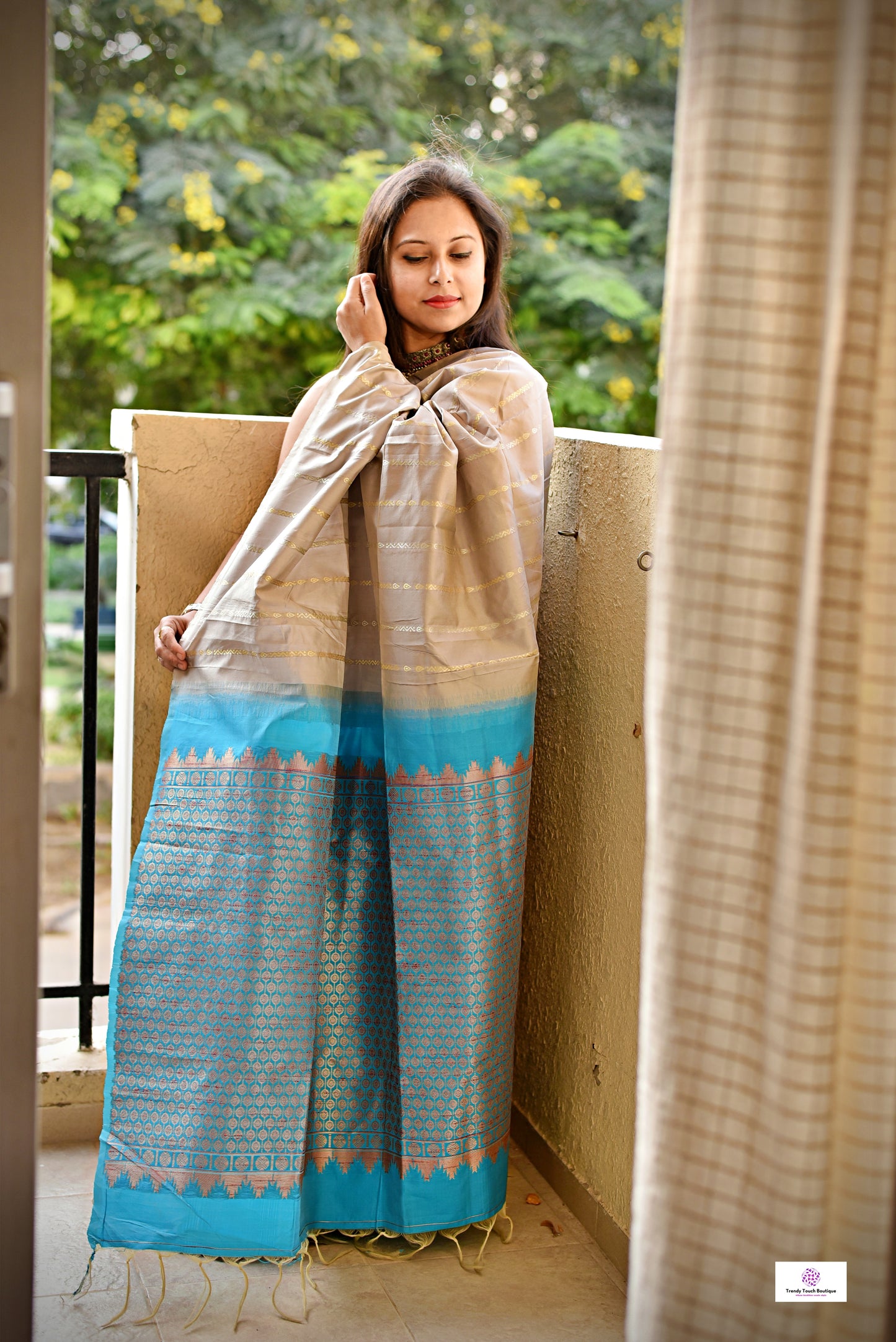 Soft silk saree in grey and blue with blouse piece, fits both casual and office styling best price