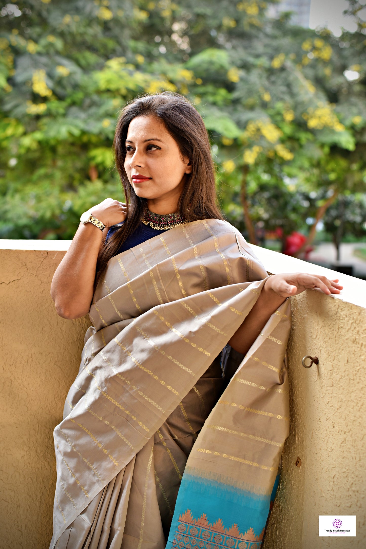 Soft silk saree in grey and blue with blouse piece, fits both casual and office styling best price
