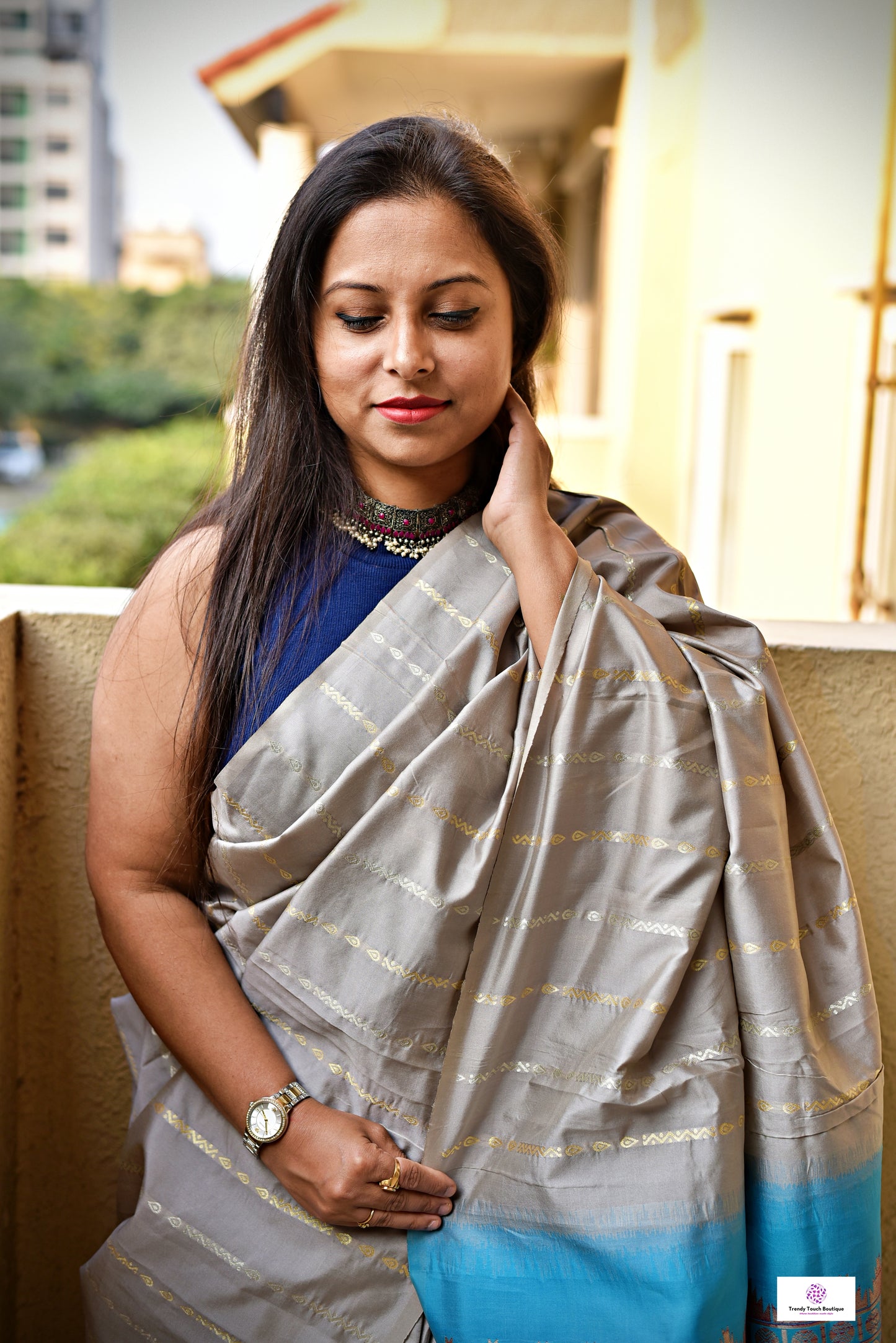 Soft silk saree in grey and blue with blouse piece, fits both casual and office styling best price