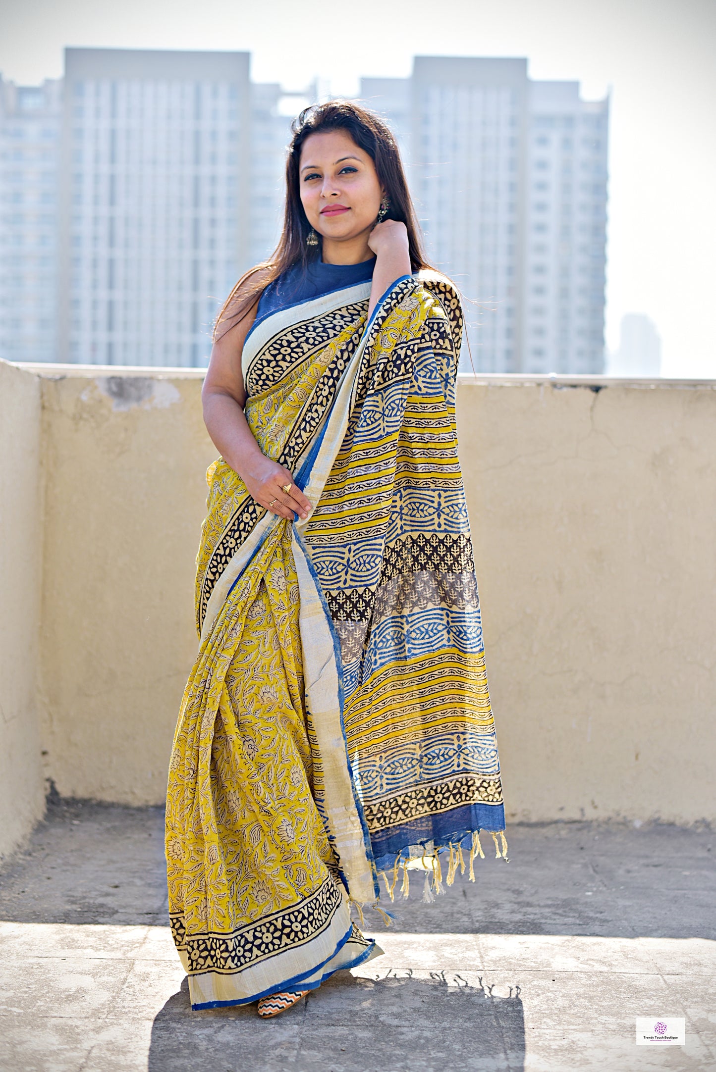 best summer handwoven handloom fabric handblock print organic slub linen saree yellow blue color at best price online with blouse piece for office wear or everyday styling!