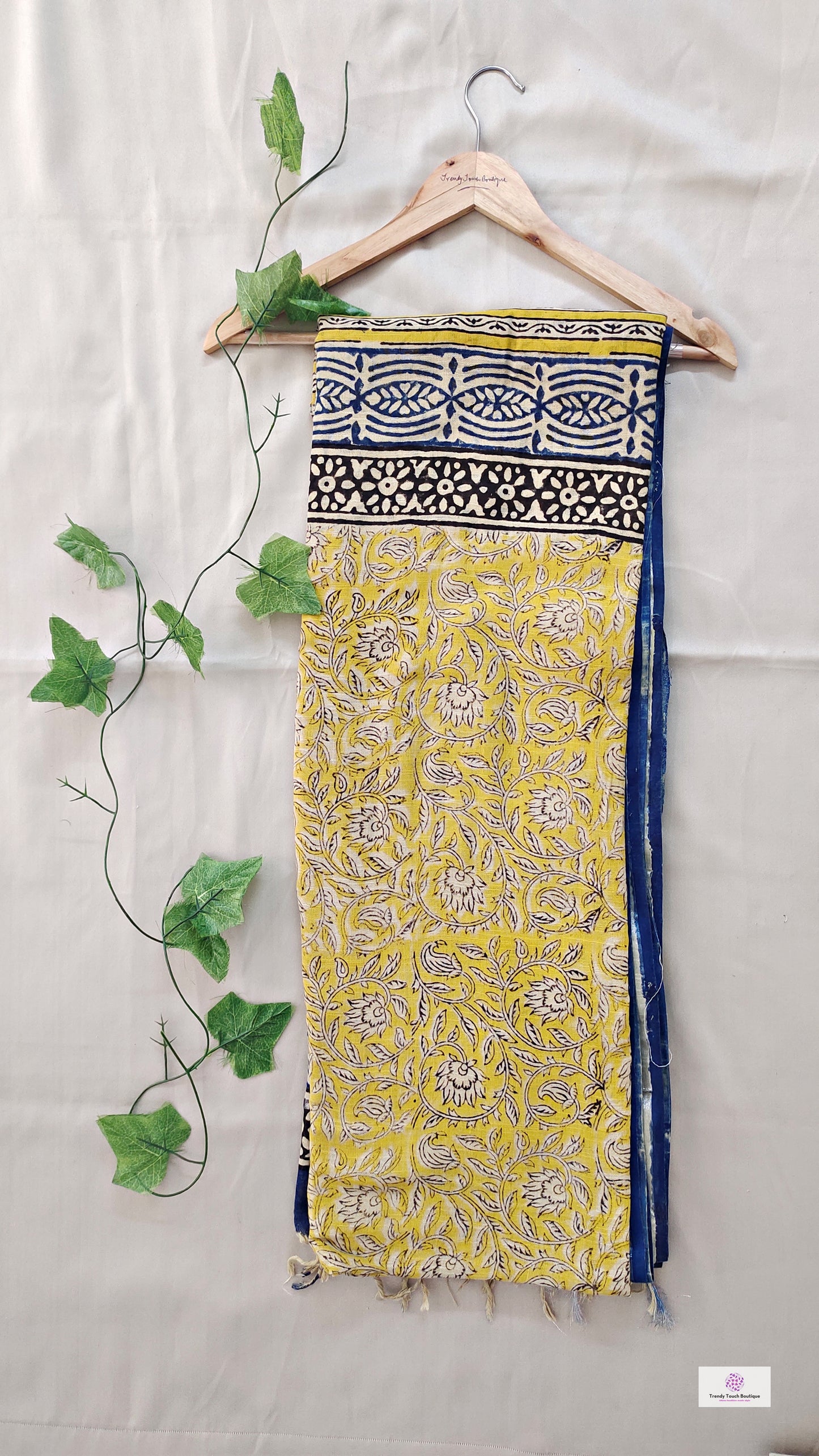 best summer handwoven handloom fabric handblock print organic slub linen saree yellow blue color at best price online with blouse piece for office wear or everyday styling!