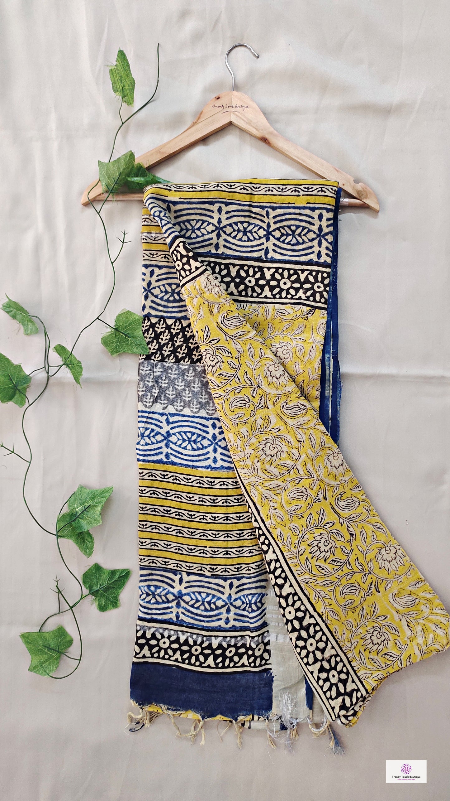 best summer handwoven handloom fabric handblock print organic slub linen saree yellow blue color at best price online with blouse piece for office wear or everyday styling!