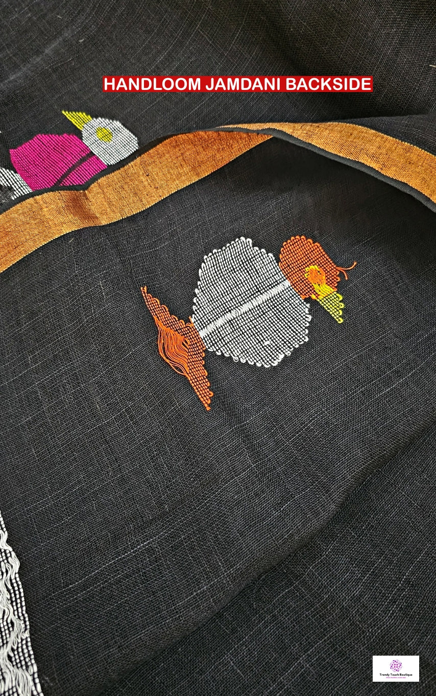 Black Birdy - Jamdani Handloom - Linen Saree