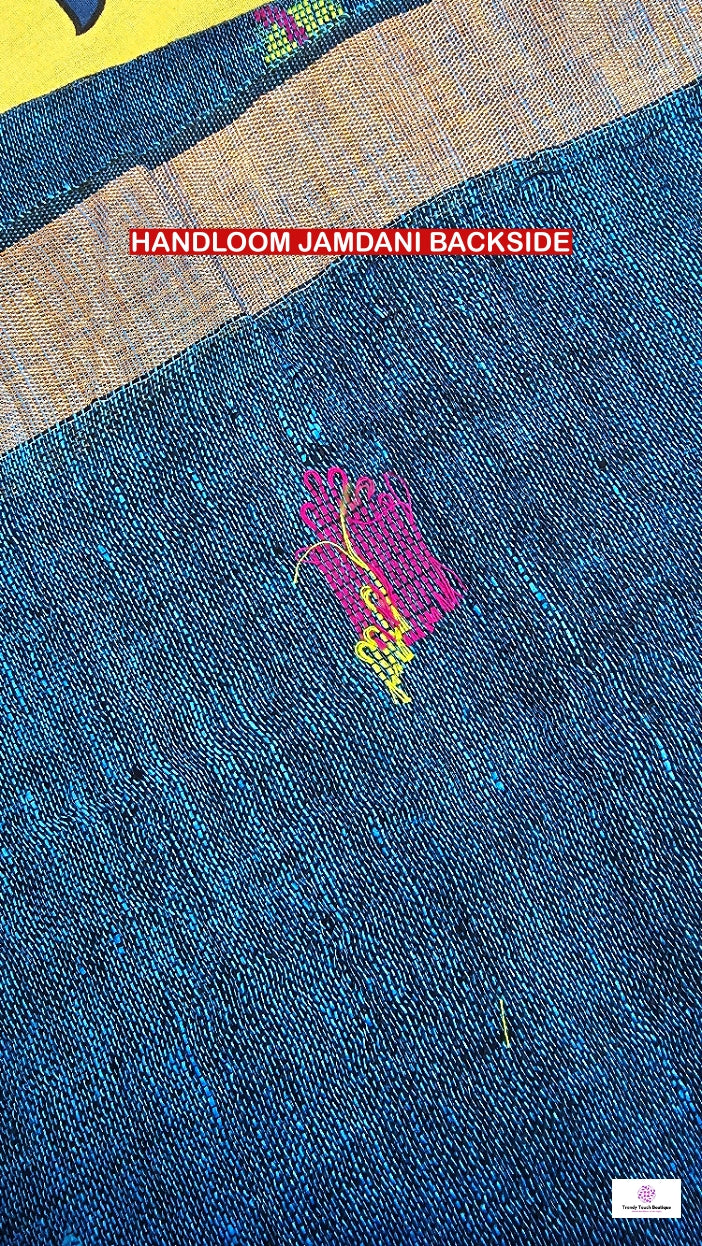 Blue Florals - Jamdani Handloom - Linen Saree