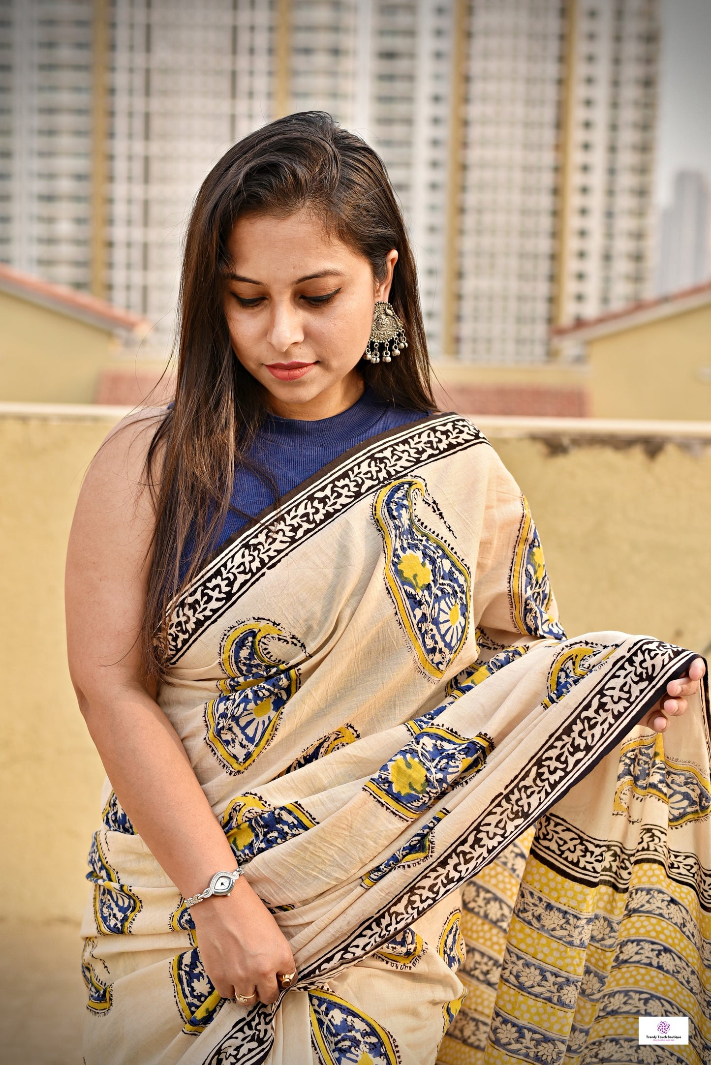handblockprinted mulcotton in beige base with blue, yellow and black for office and casual styling summer best fabric saree with blouse piece and best price