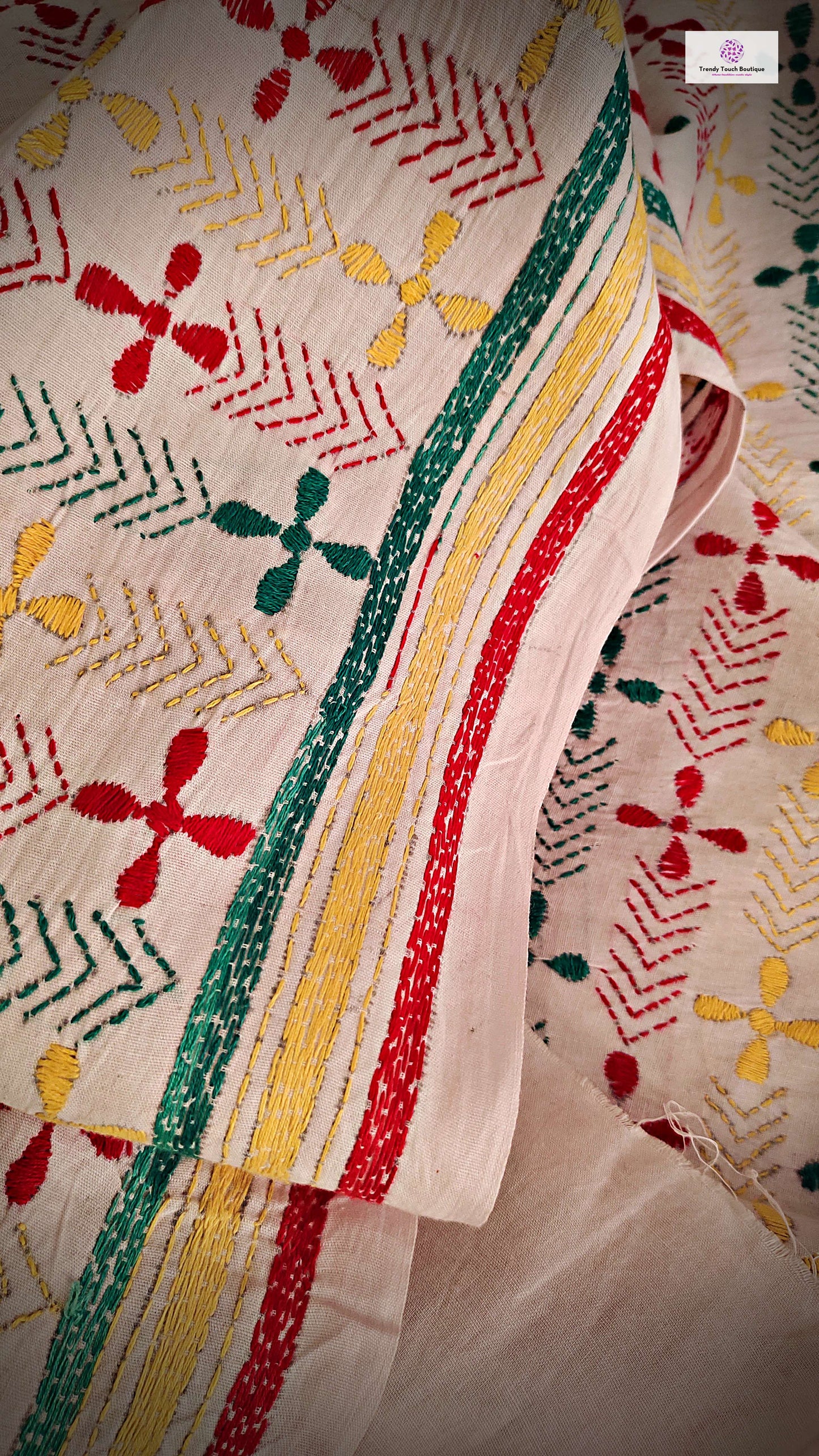 kantha handembroidered pure cotton designer statement dupatta for kurti styling in summer Holi sale best price green red yellow on white floral handcrafted