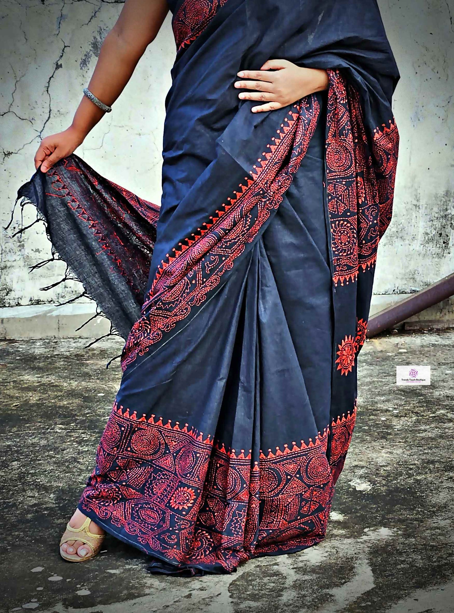 Cotton handloom black saree with orange thread kantha hand embroidered best summer fabric for formal and casual styling marriage functions and family events with blouse piece best price