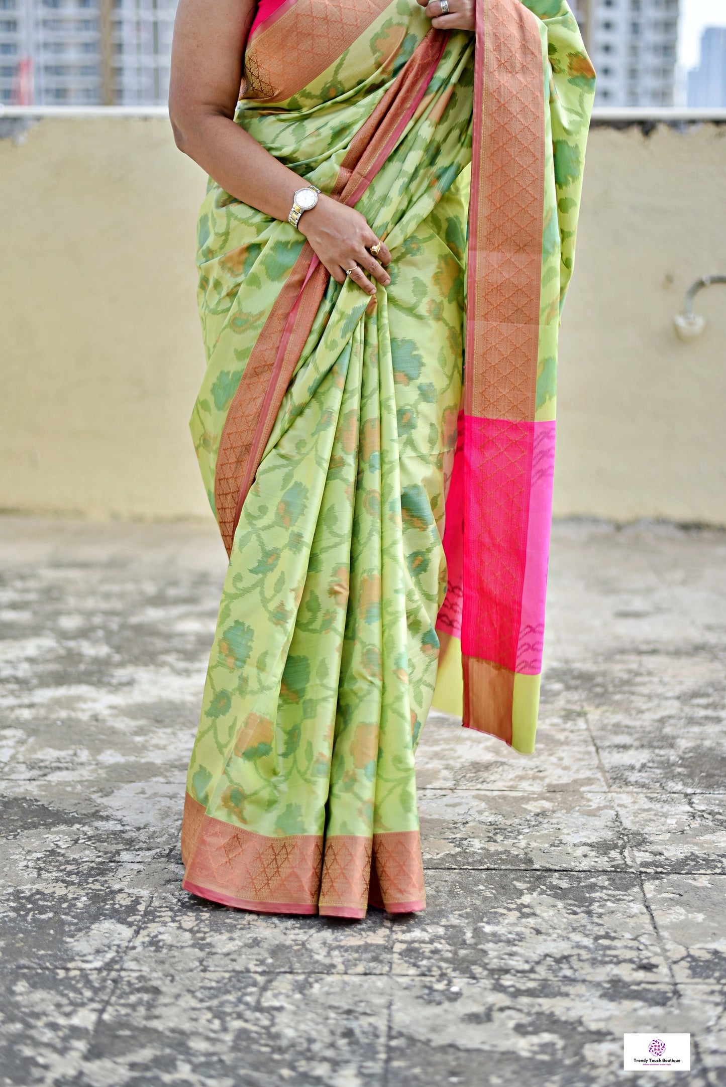 ikkat style digital print soft silk saree green pink for haldi sangeet marriage bridal function puja and special ocassion with blouse piece best price