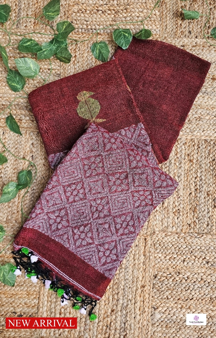 BIRDY - LINEN JAMDANI HANDLOOM SAREE (MAROON)