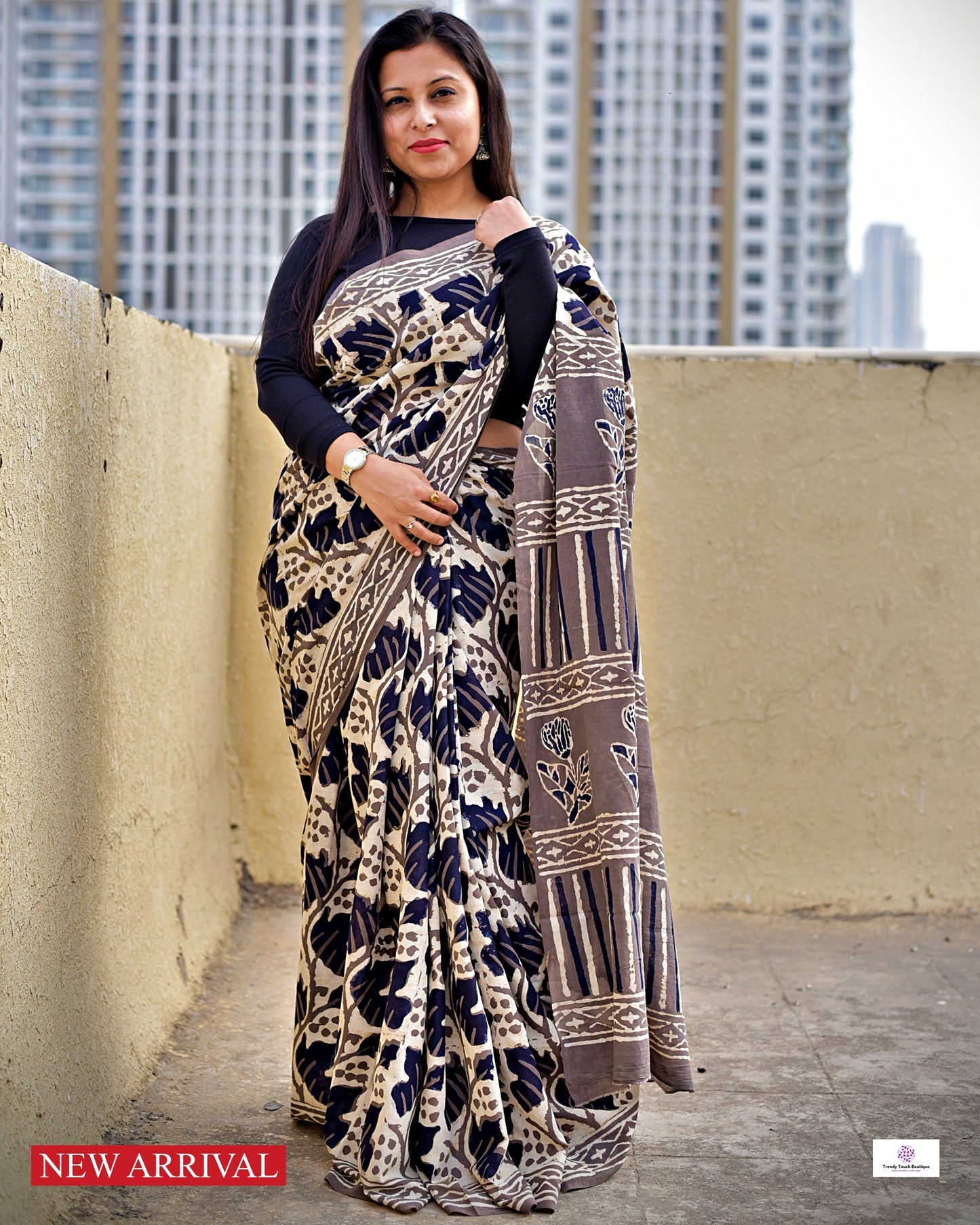 Black & Ash Grey Floral pattern Organic Handblock print in natural dye mul cotton saree office and casual styling best price best summer fabric with blouse piece