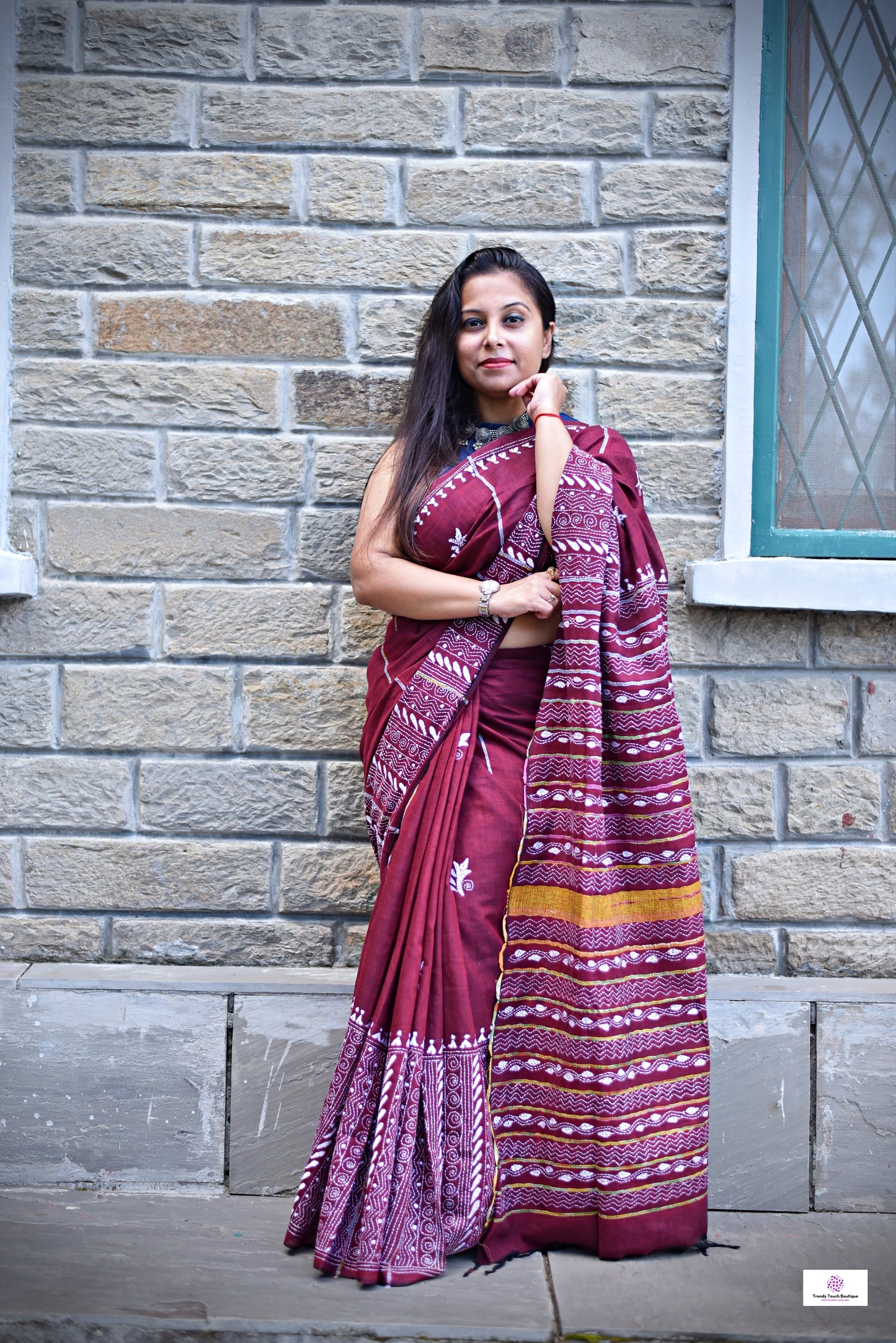 MAROON PLUNGE - KANTHA STITCH - KHESH COTTON SAREE