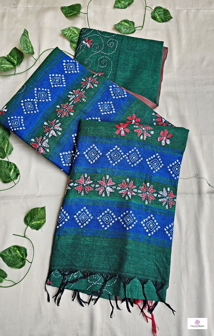 BLUE RIVER - KANTHA STITCH - COTTON HANDLOOM SAREE