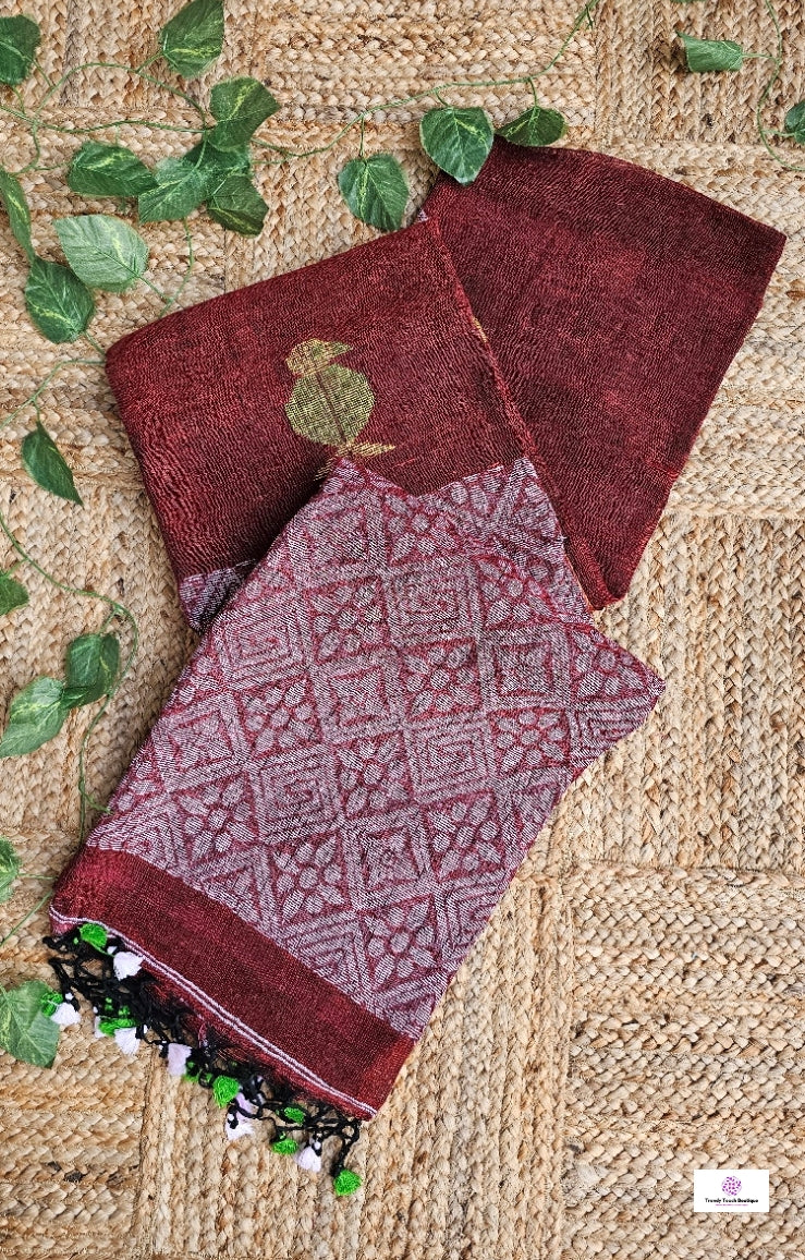 BIRDY - LINEN JAMDANI HANDLOOM SAREE (MAROON)