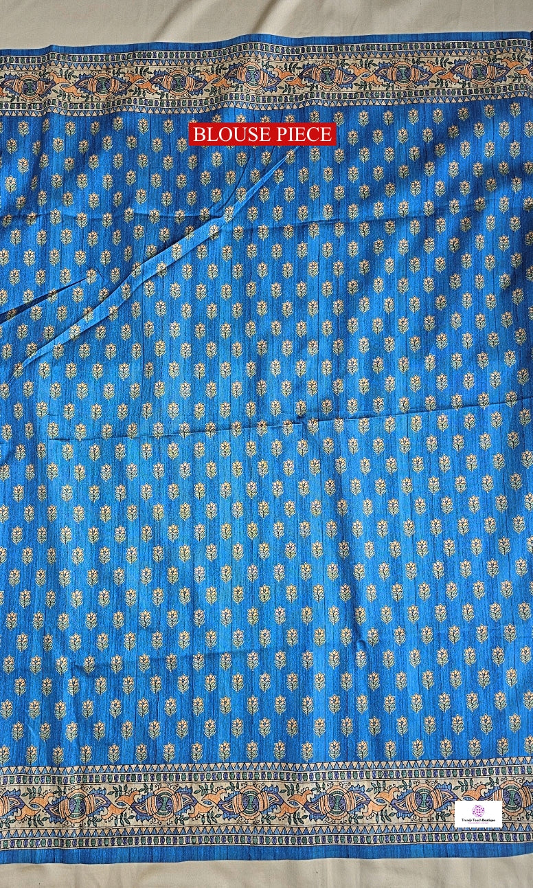 semi ghicha silk blue madhubani digital print saree for regular wear and casual function office for women with blouse piece and best price