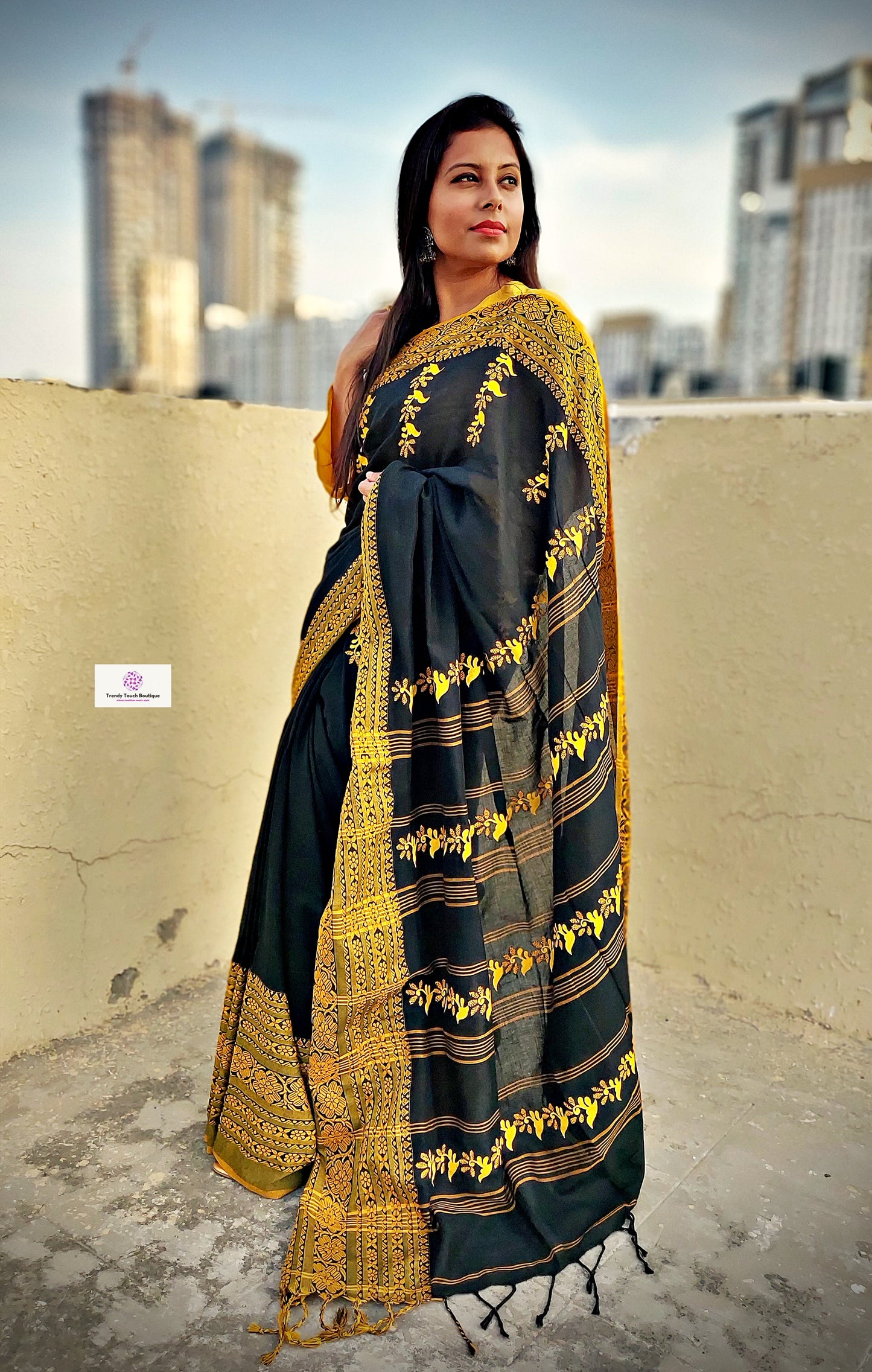Black Sea - Hand Painted & Hand Embroidered - Begumpuri Cotton Saree (Made to Order)