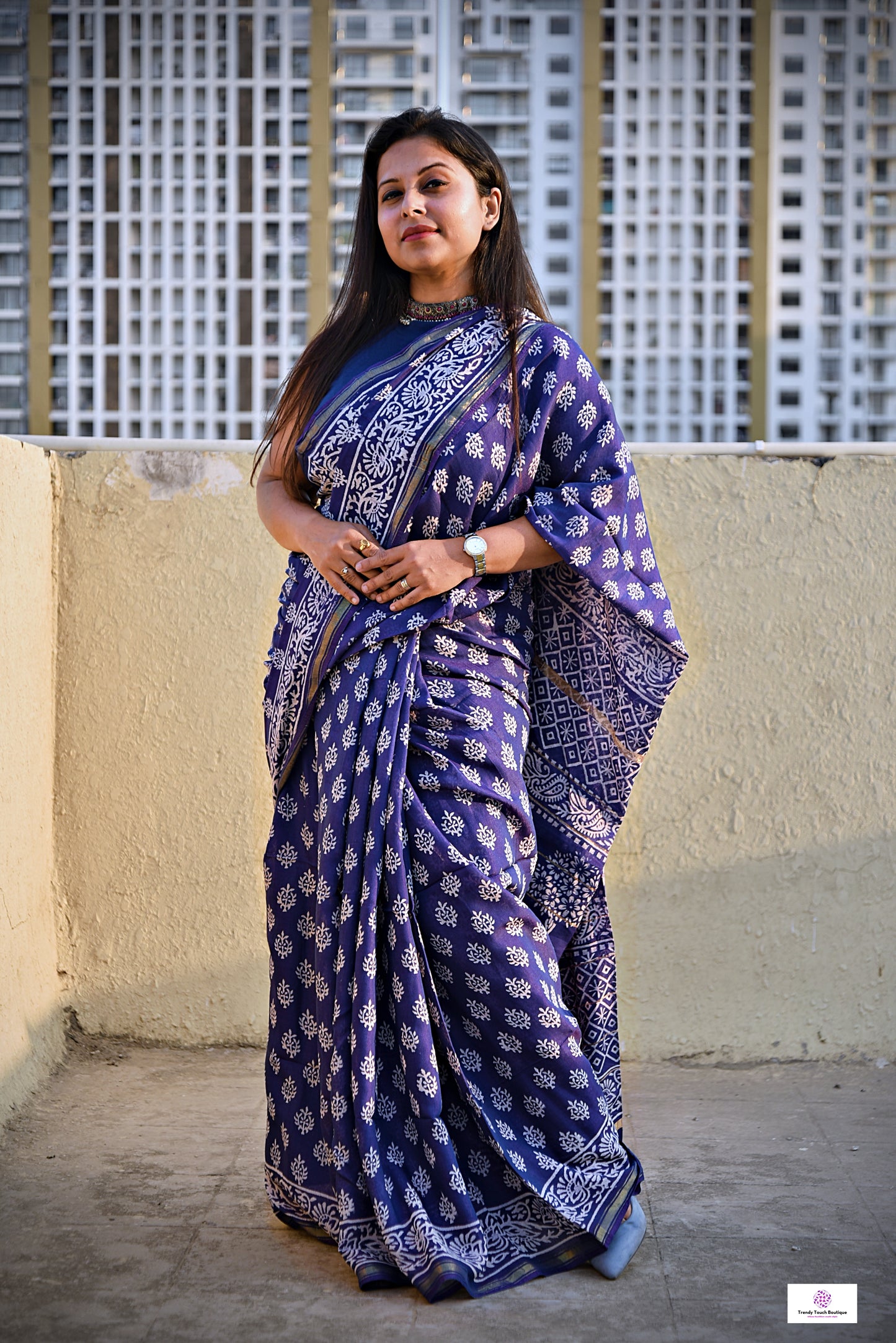 chanderi silk blue saree office wear casual workwear summer saree handblock print mini buta