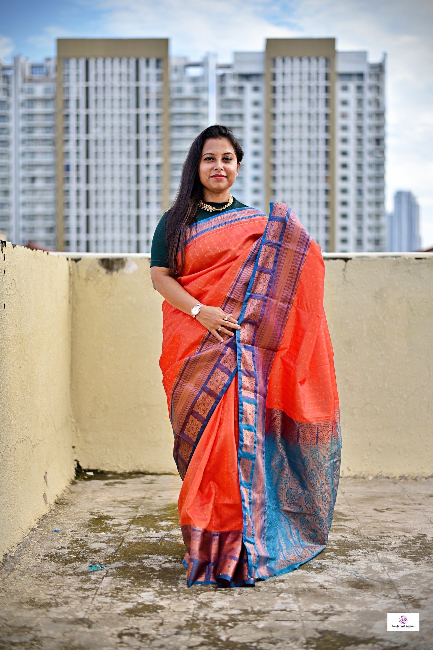Ankhi - Peach Orange & Teal Green - Semi Kanjivaram Silk Saree