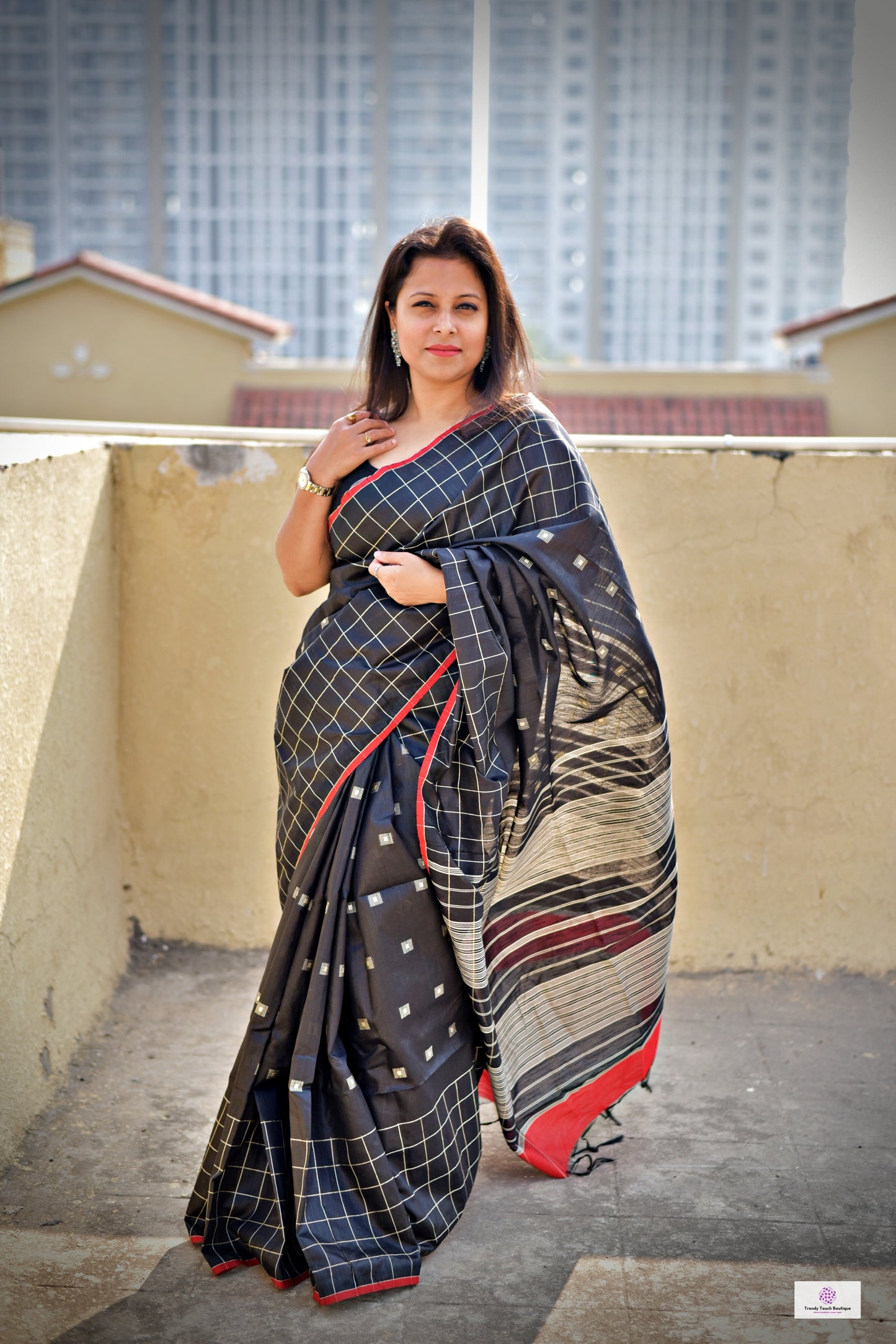 black red silk cotton office wear formal wear sarees check pattern with blouse piece contrast best price online handloom