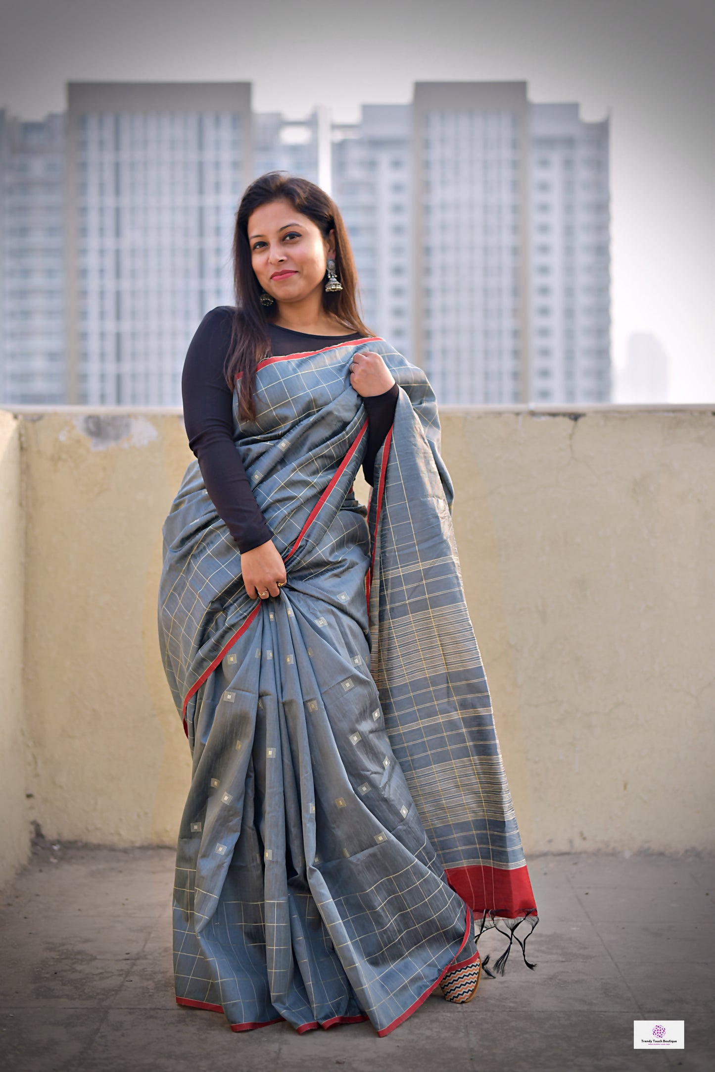 grey red handloom silk cotton office wear formal wear sarees check pattern with blouse piece contrast best price online