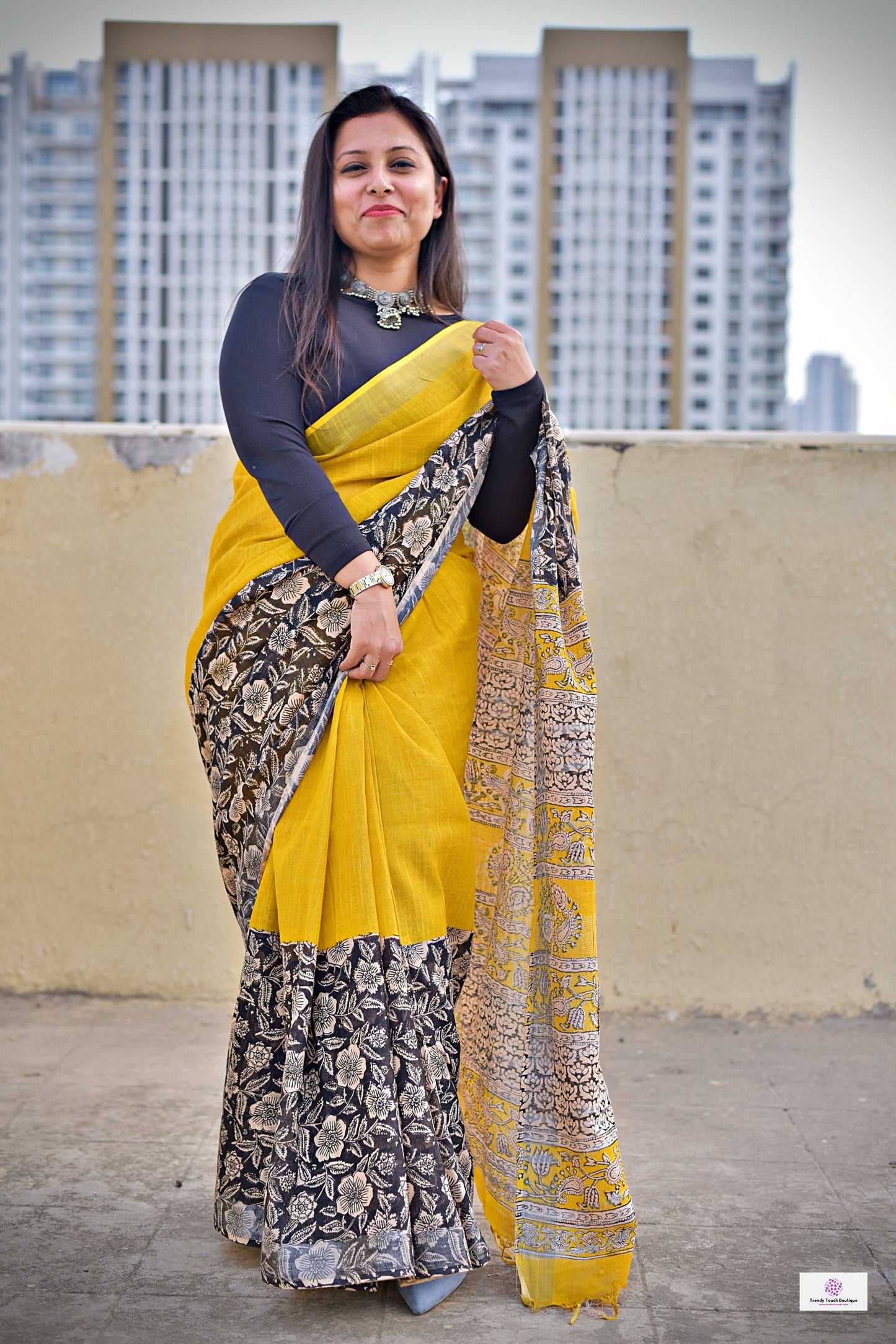 Yellow Black Organic linen saree handblock print in natural dye best summer fabric best price buy online casual and formal saree