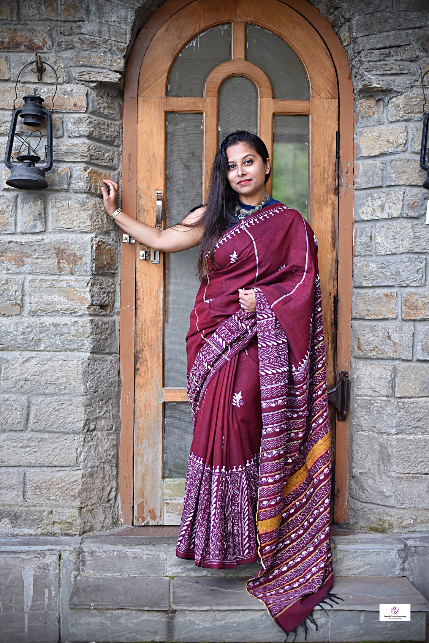 MAROON PLUNGE - KANTHA STITCH - KHESH COTTON SAREE