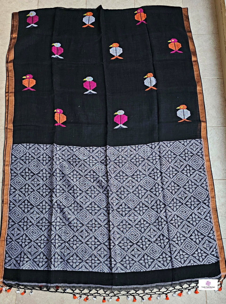 BIRDY - LINEN JAMDANI HANDLOOM SAREE (BLACK)
