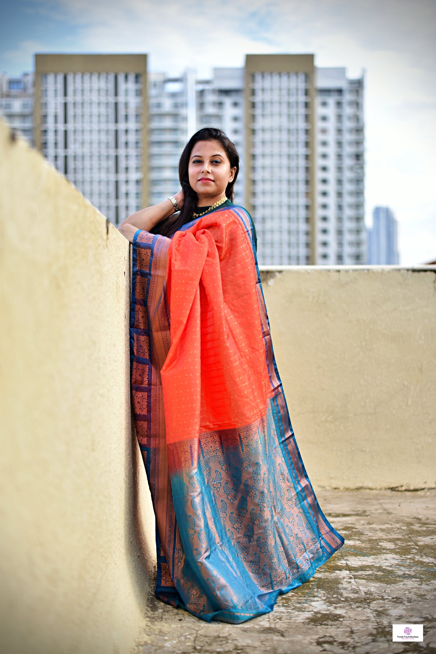 Ankhi - Peach Orange & Teal Green - Semi Kanjivaram Silk Saree