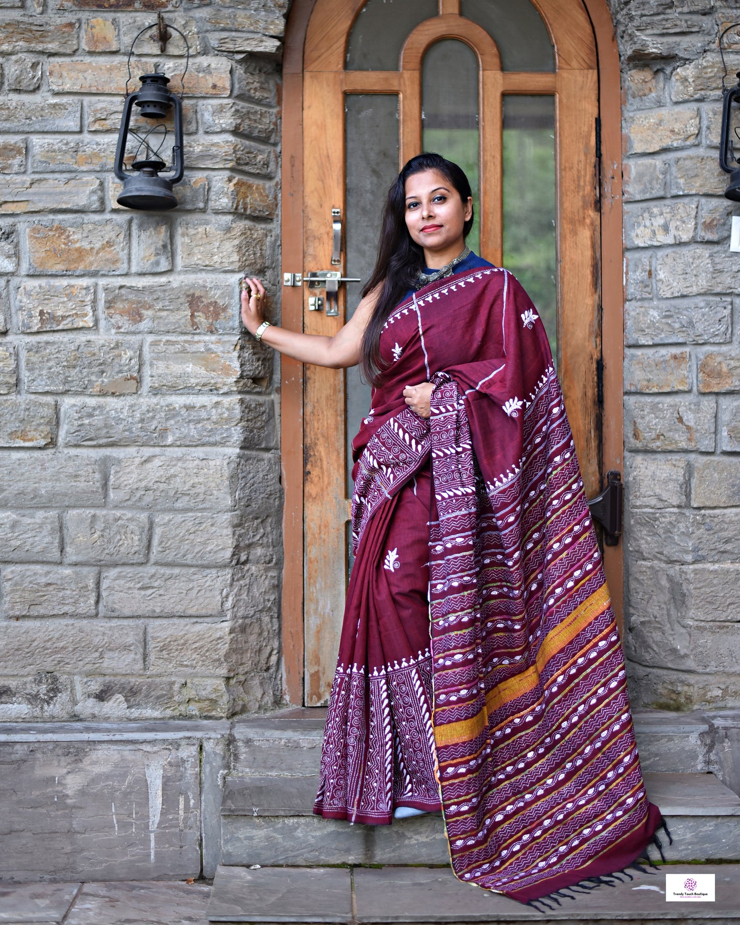 MAROON PLUNGE - KANTHA STITCH - KHESH COTTON SAREE