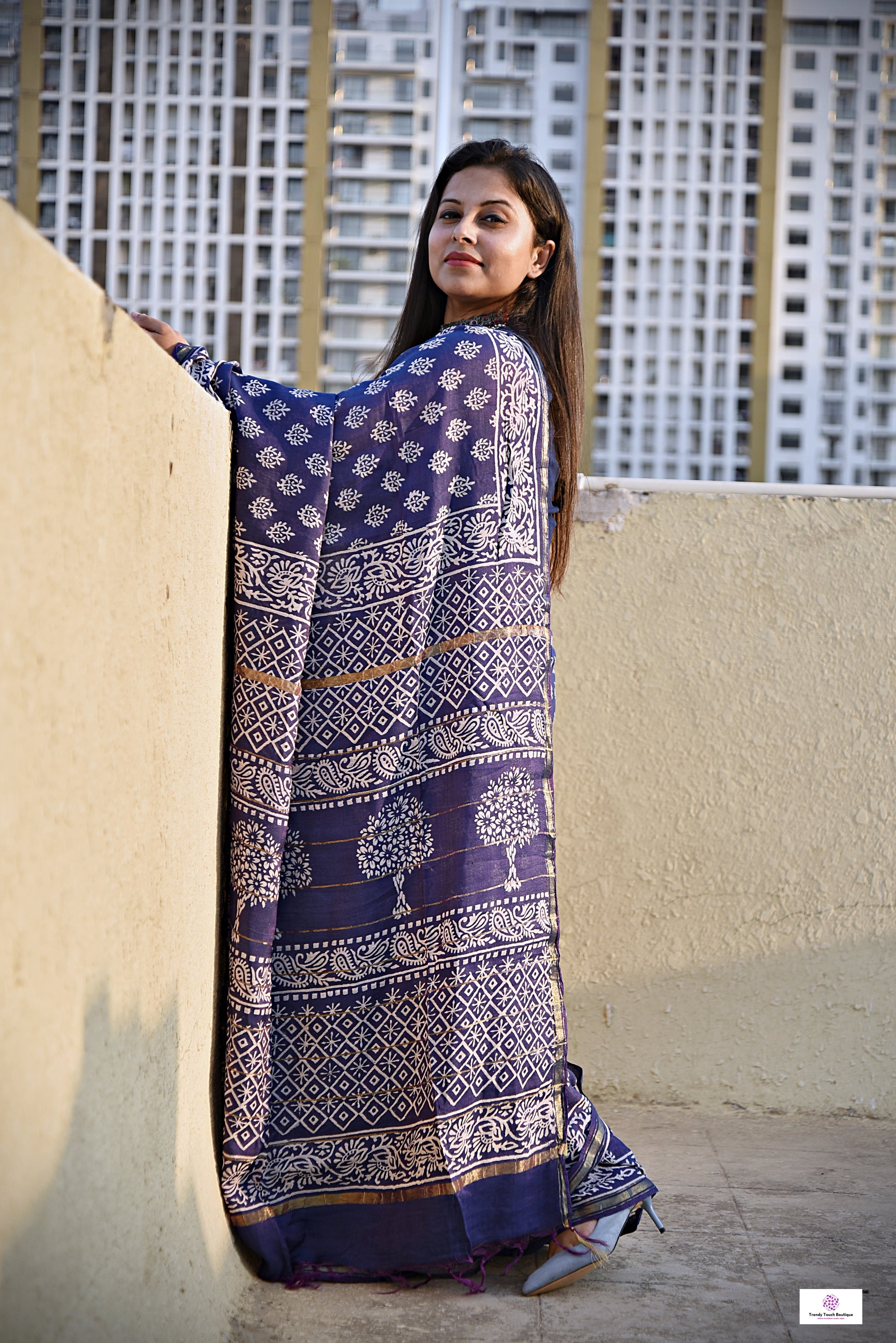 chanderi silk blue saree office wear casual workwear summer saree handblock print mini buta