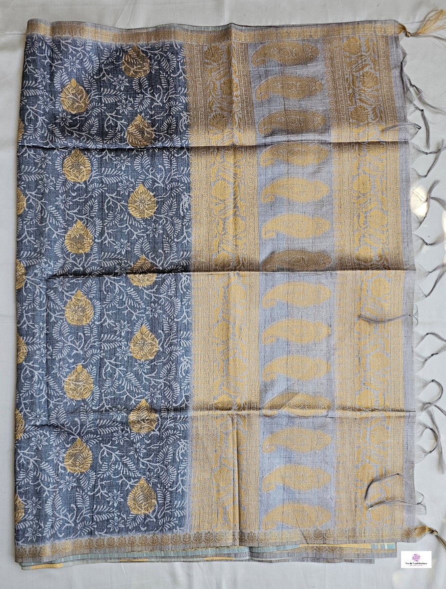 Grey Leaf - Semi Tussar Silk Saree
