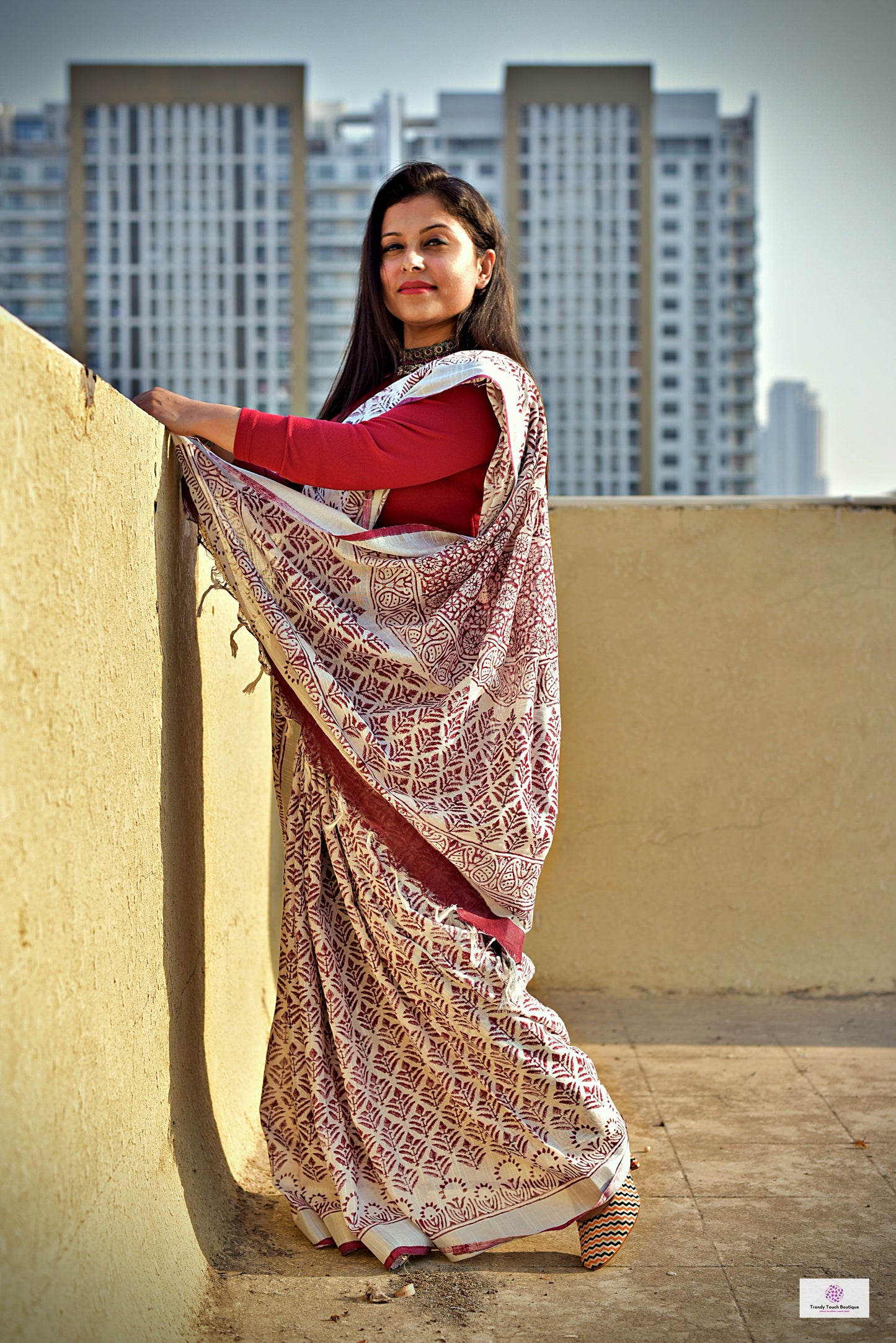 Maroon White Organic Linen Saree Handblock print in natural dye green soft best summer saree for office and casual outing best price with blouse piece