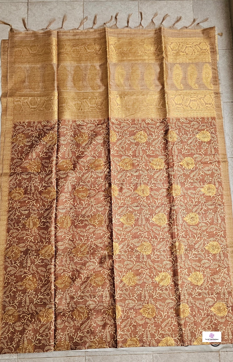 semi tussar silk saree in golden brown leaf pattern for special ocassion, office, wedding with blouse piece best price