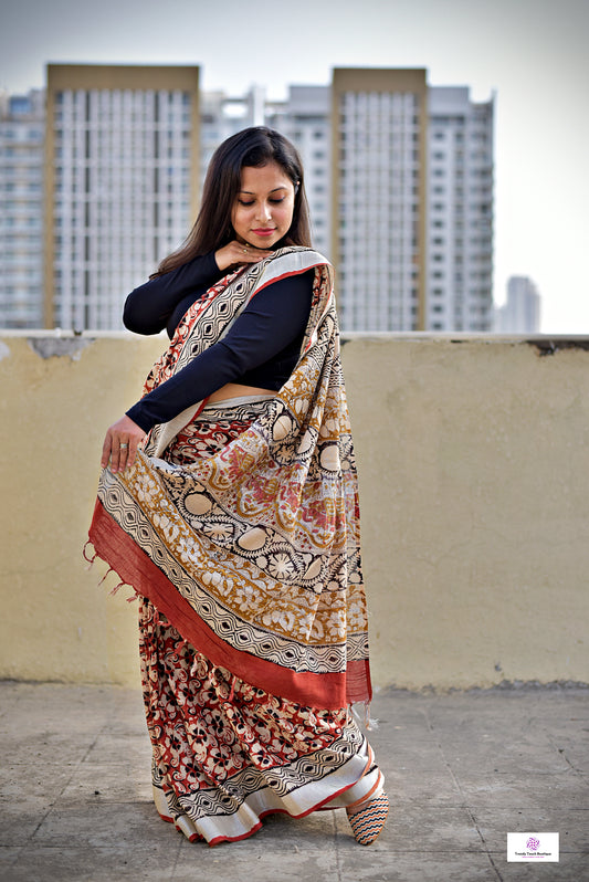 Brick Red & Beige, Black Floral Handblock print linen saree organic dye best summer fabric best price casual and formal saree
