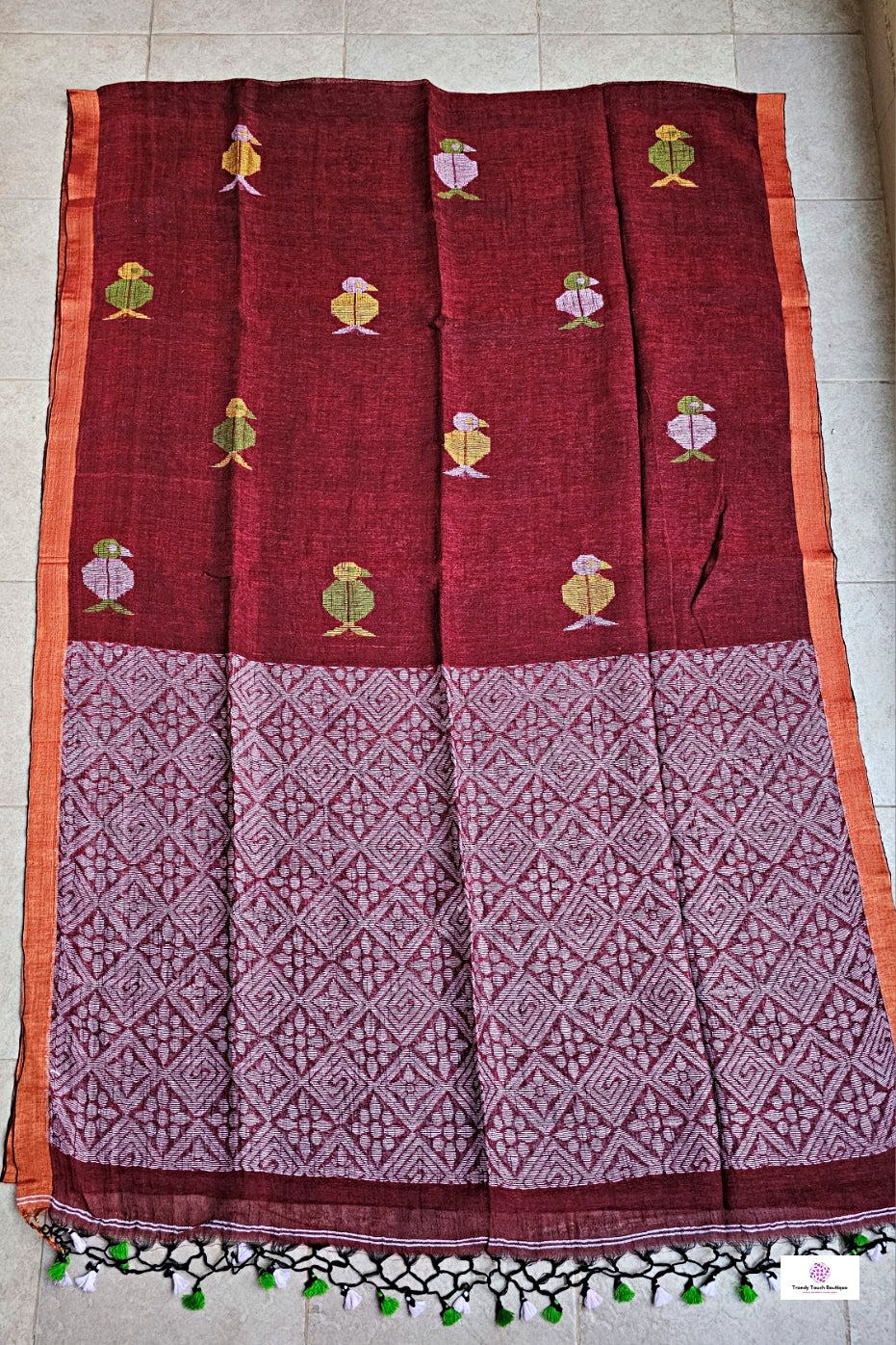 BIRDY - LINEN JAMDANI HANDLOOM SAREE (MAROON)