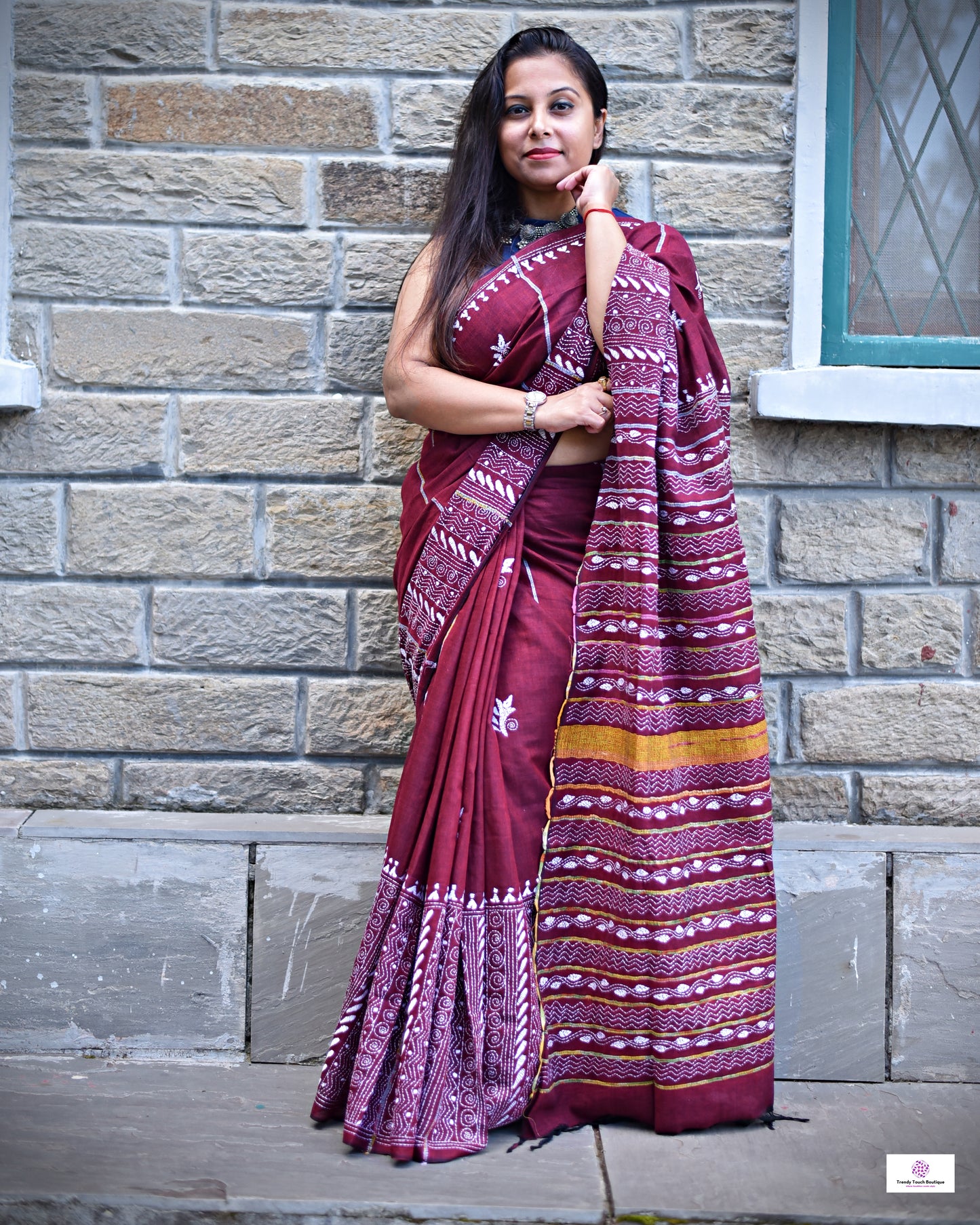 MAROON PLUNGE - KANTHA STITCH - KHESH COTTON SAREE