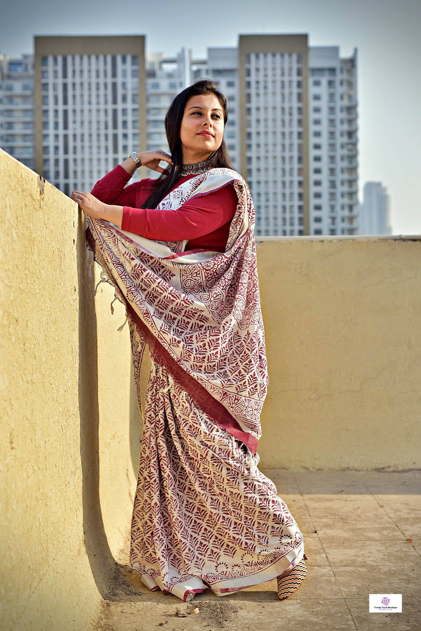 Maroon White Organic Linen Saree Handblock print in natural dye green soft best summer saree for office and casual outing best price with blouse piece