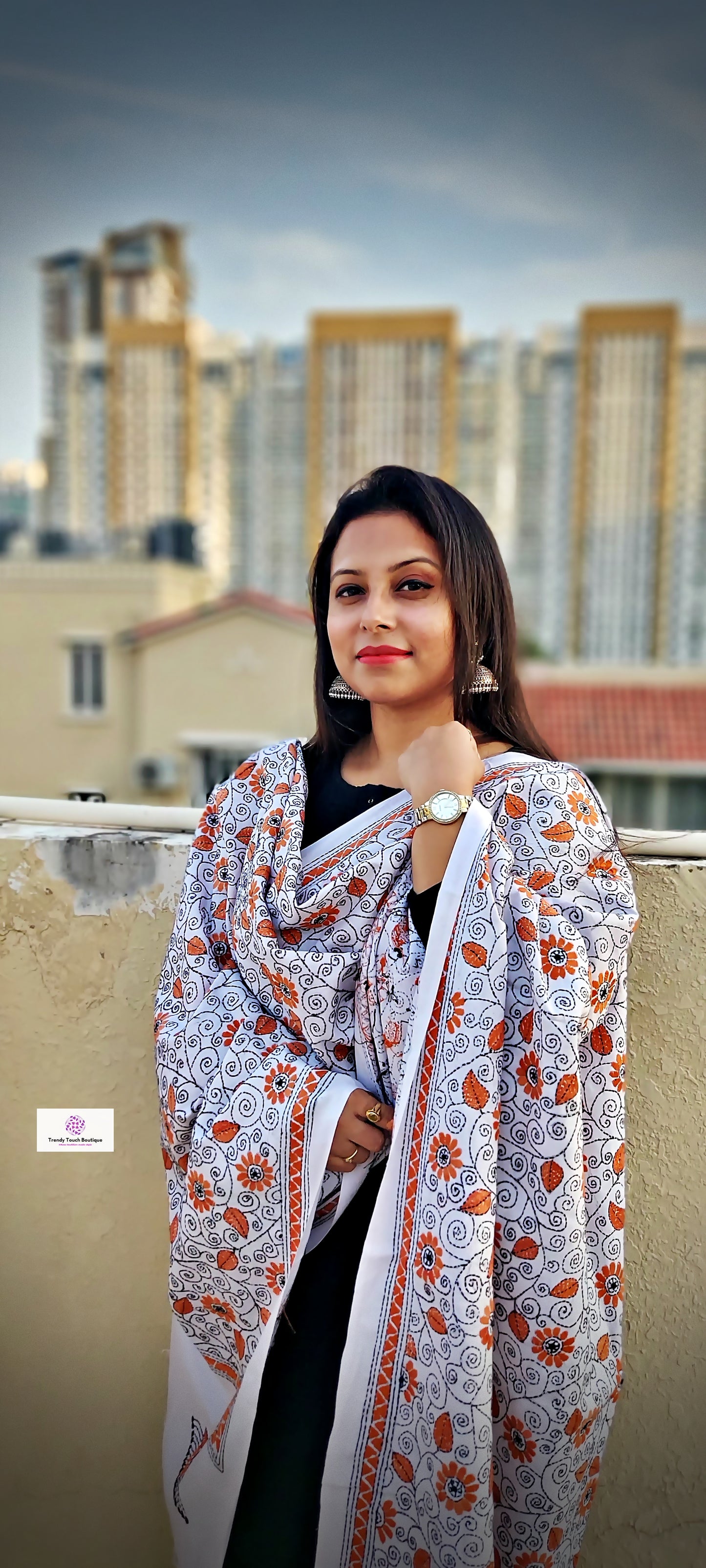 kantha handembroidered pure cotton designer statement dupatta for kurti styling in summer Holi sale best price white orange floral handcrafted