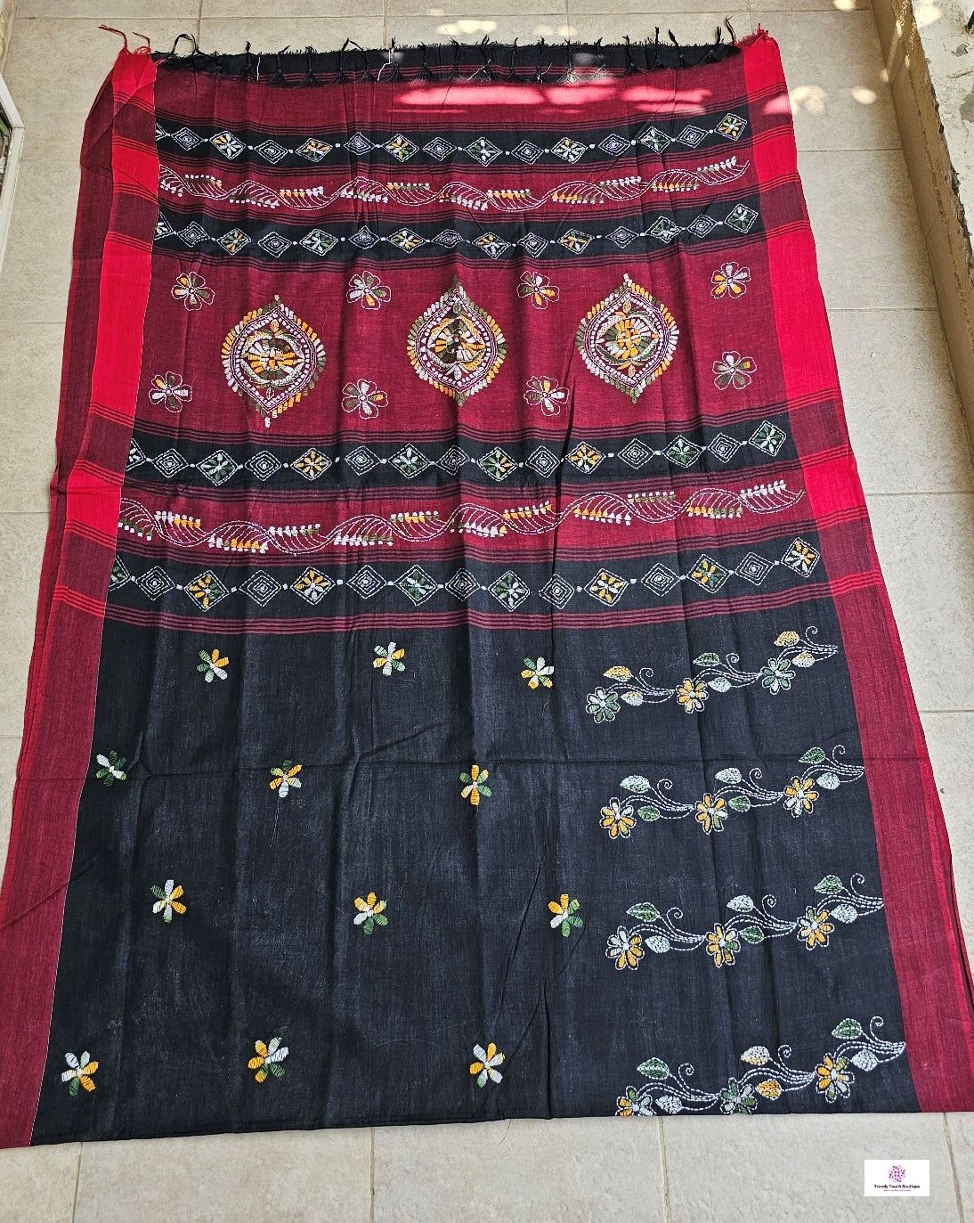 NIGHT QUEEN - KANTHA STITCH - COTTON HANDLOOM SAREE