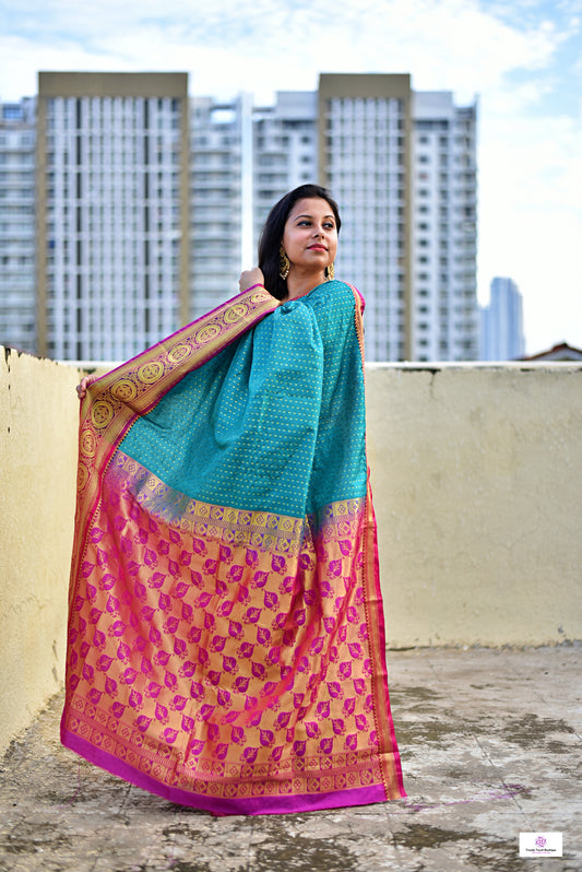 teal green & pink festive and special ocassion lightweight silk saree golden zari work buta on body and traditional motif on saree edges and pallu with blouse piece and best price