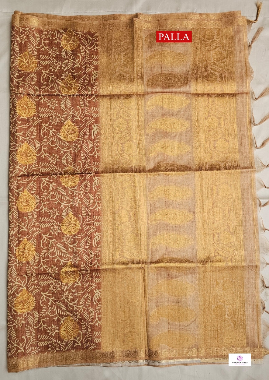 semi tussar silk saree in golden brown leaf pattern for special ocassion, office, wedding with blouse piece best price