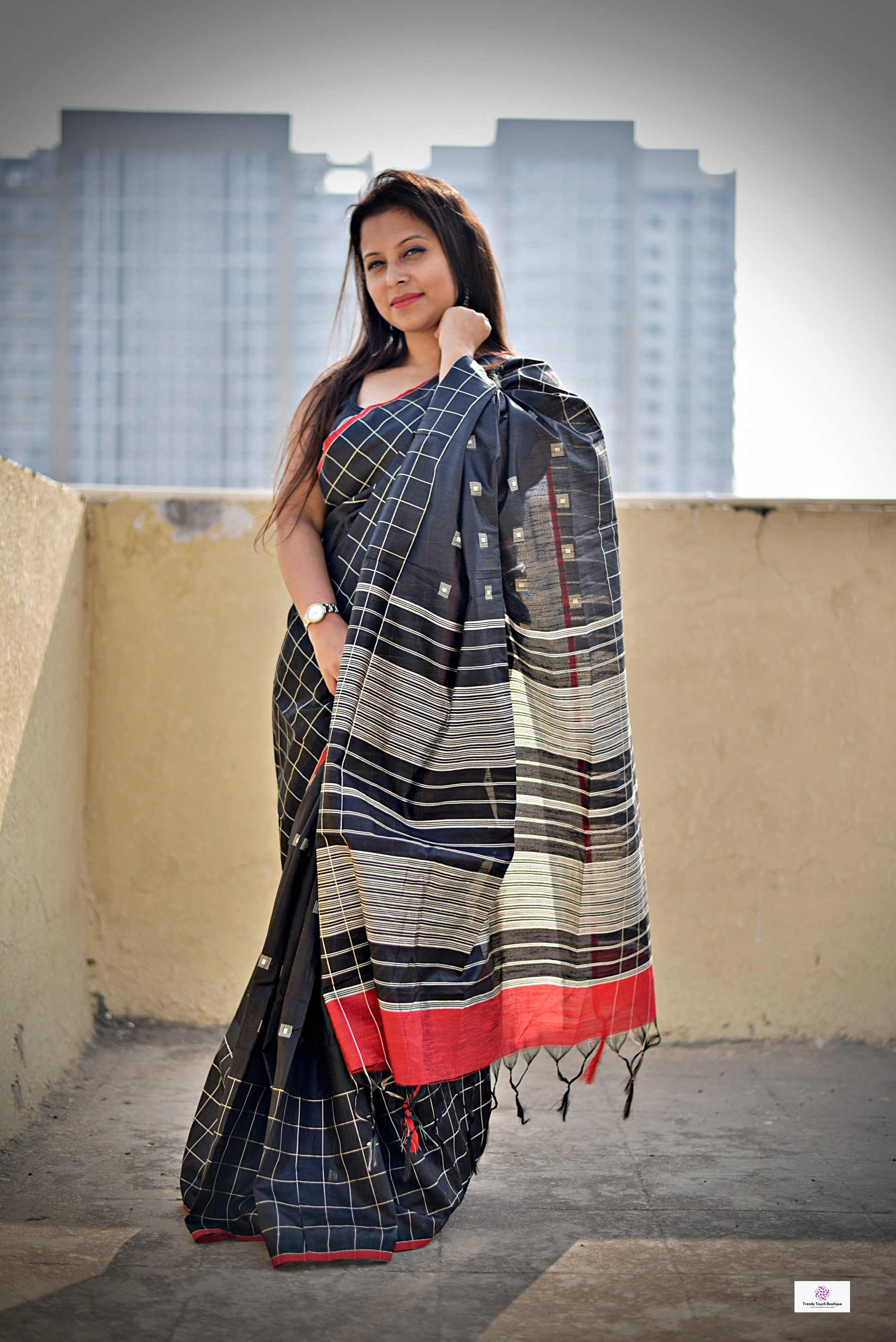black red silk cotton office wear formal wear sarees check pattern with blouse piece contrast best price online handloom