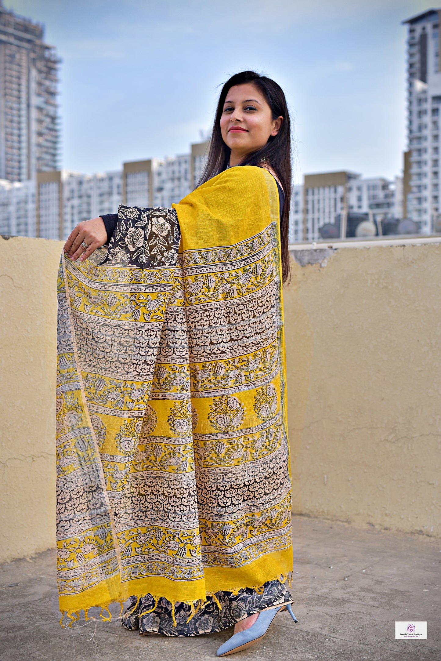Yellow Black Organic linen saree handblock print in natural dye best summer fabric best price buy online casual and formal saree