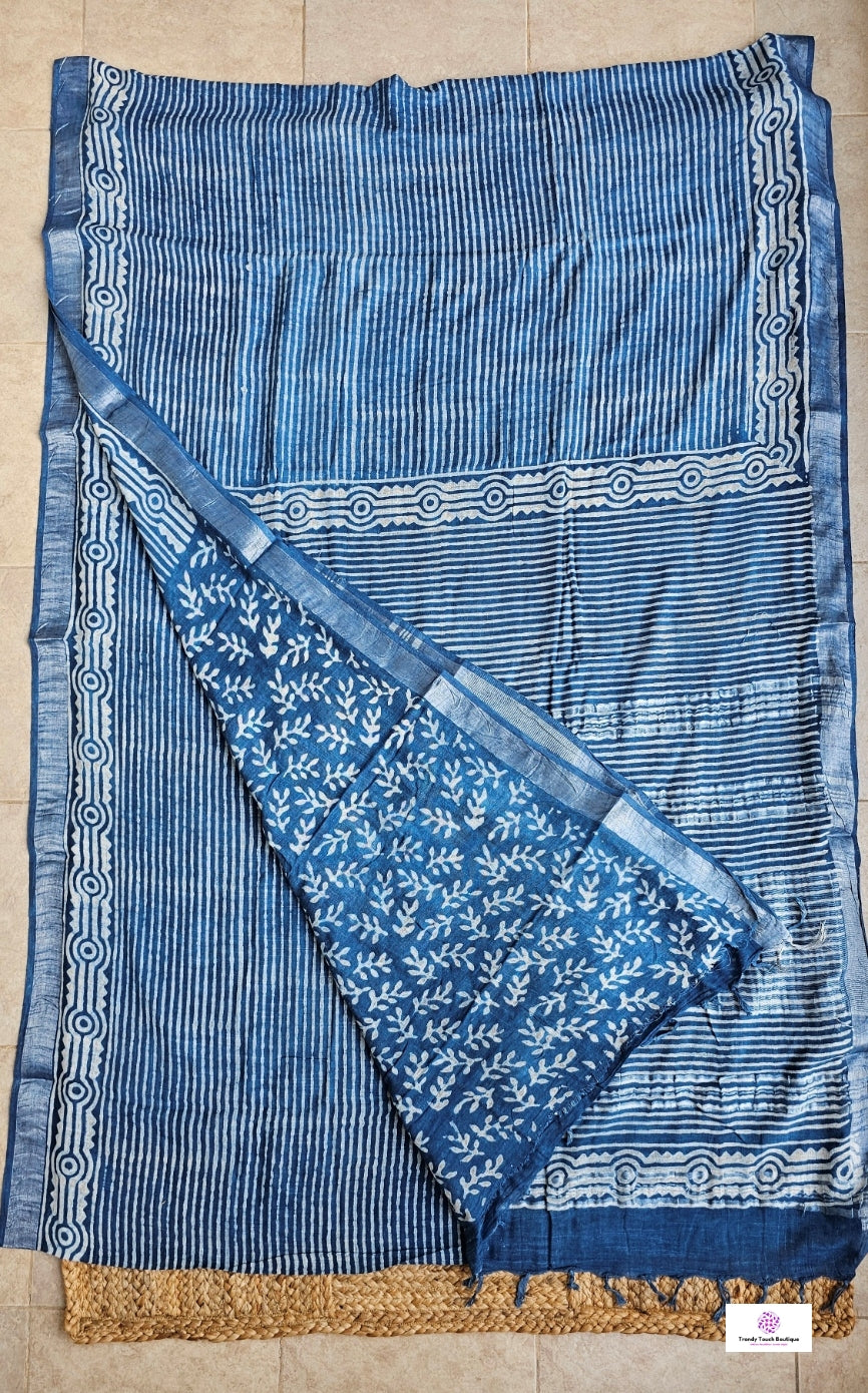 INDIGO STRIPE - HANDBLOCK PRINT - LINEN SAREE