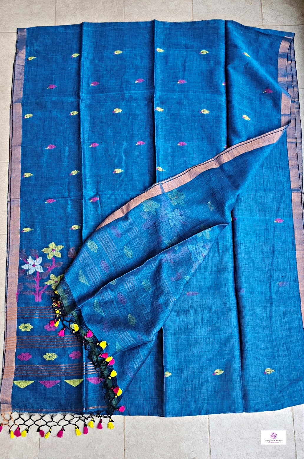 FLORALS - LINEN JAMDANI HANDLOOM SAREE (BLUE)