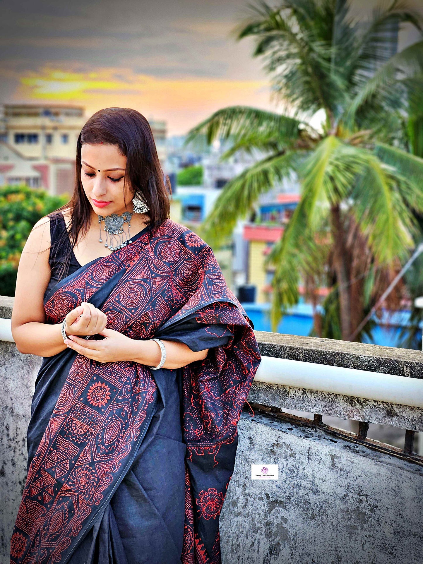 Cotton handloom black saree with orange thread kantha hand embroidered best summer fabric for formal and casual styling marriage functions and family events with blouse piece best price
