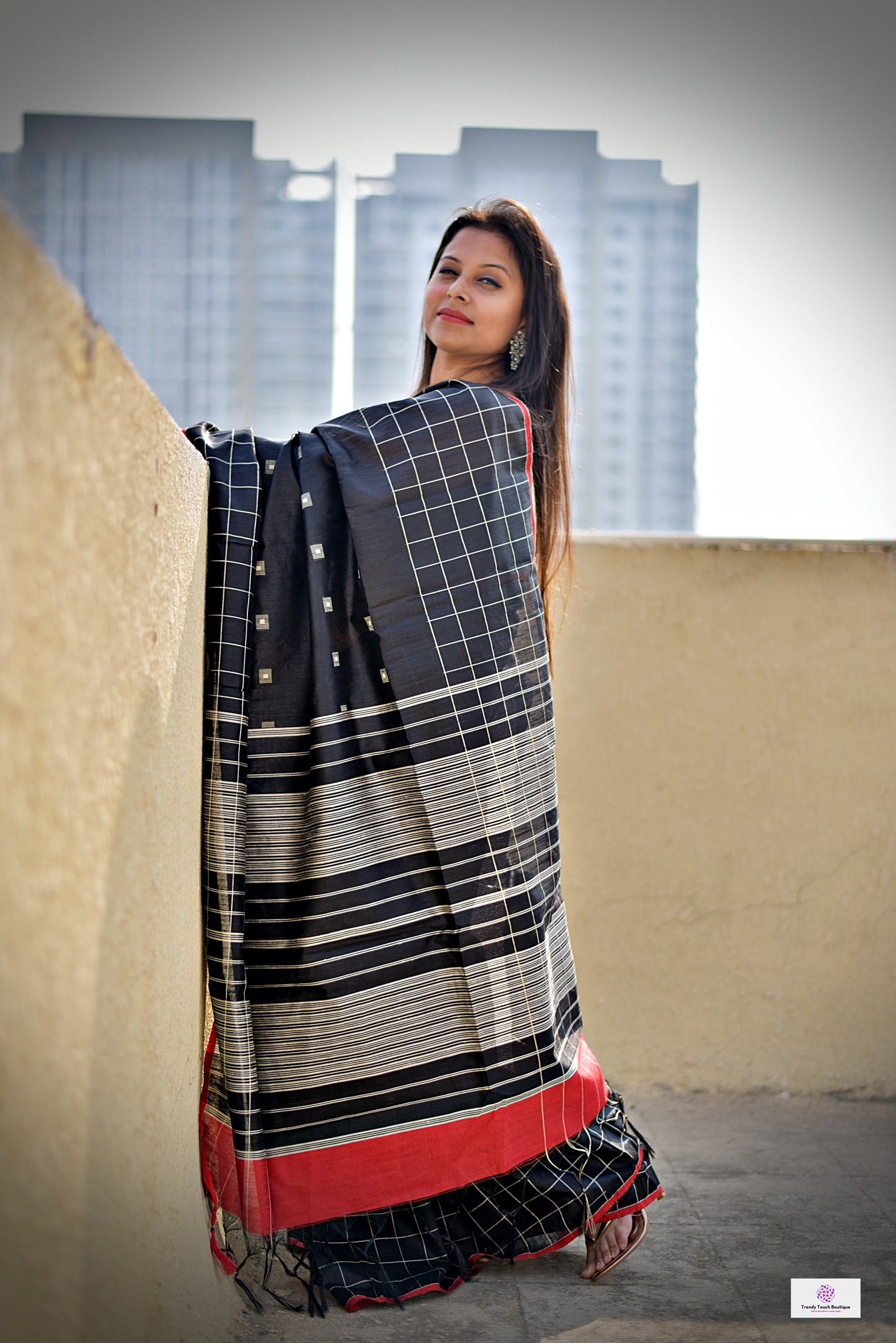 black red silk cotton office wear formal wear sarees check pattern with blouse piece contrast best price online handloom