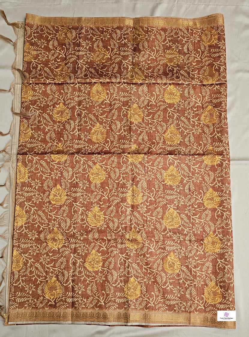 semi tussar silk saree in golden brown leaf pattern for special ocassion, office, wedding with blouse piece best price