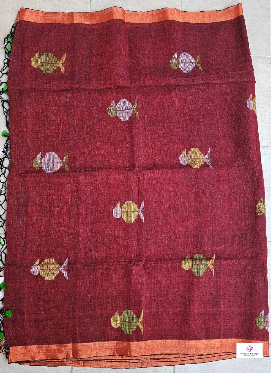 BIRDY - LINEN JAMDANI HANDLOOM SAREE (MAROON)